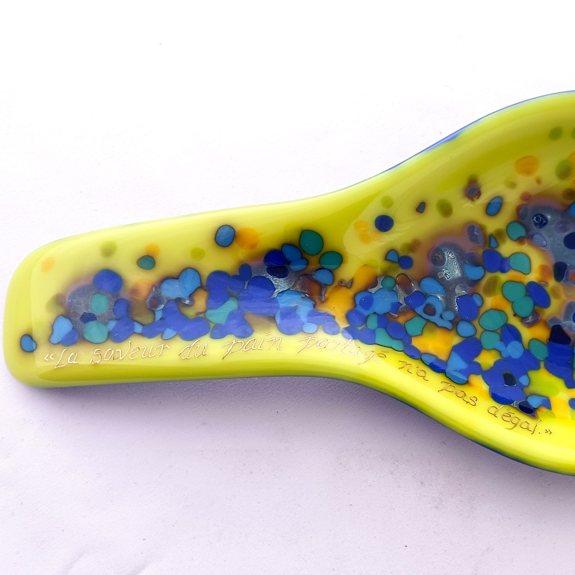 Contemporary Fused Glass Spoon Rest Featuring Hand Printed French Quote - Persian Lemon 5 