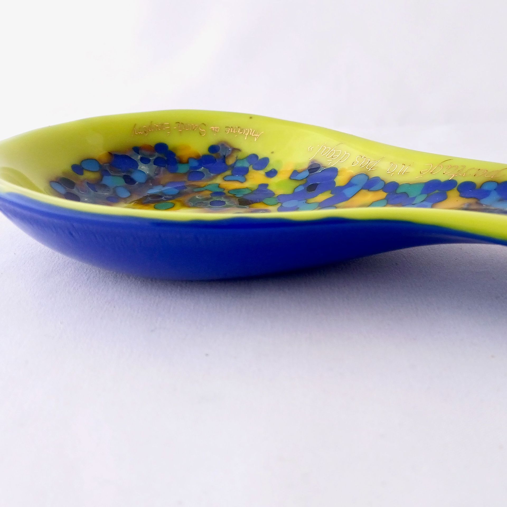 Contemporary Fused Glass Spoon Rest Featuring Hand Printed French Quote - Persian Lemon 2 
