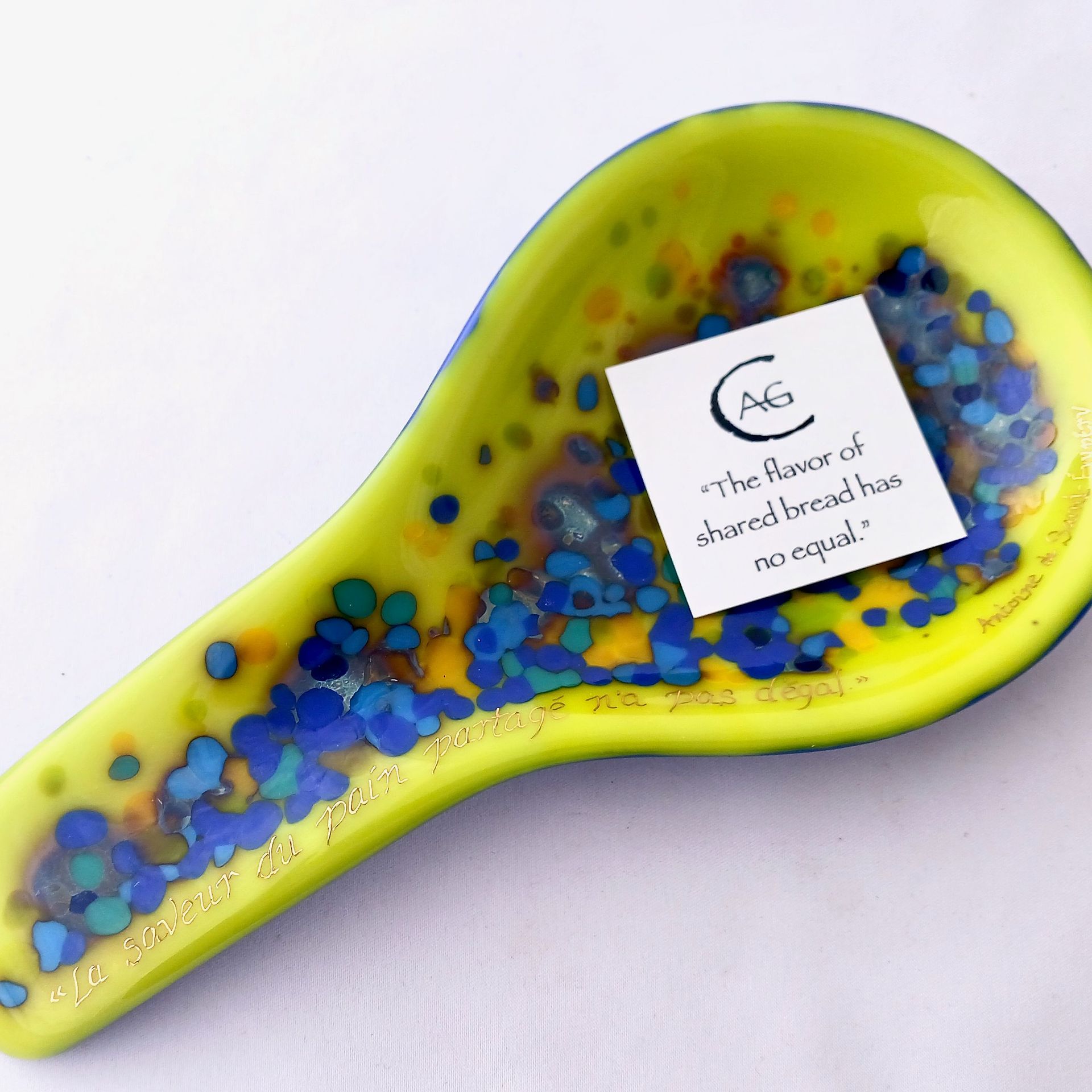 Contemporary Fused Glass Spoon Rest Featuring Hand Printed French Quote - Persian Lemon 6 