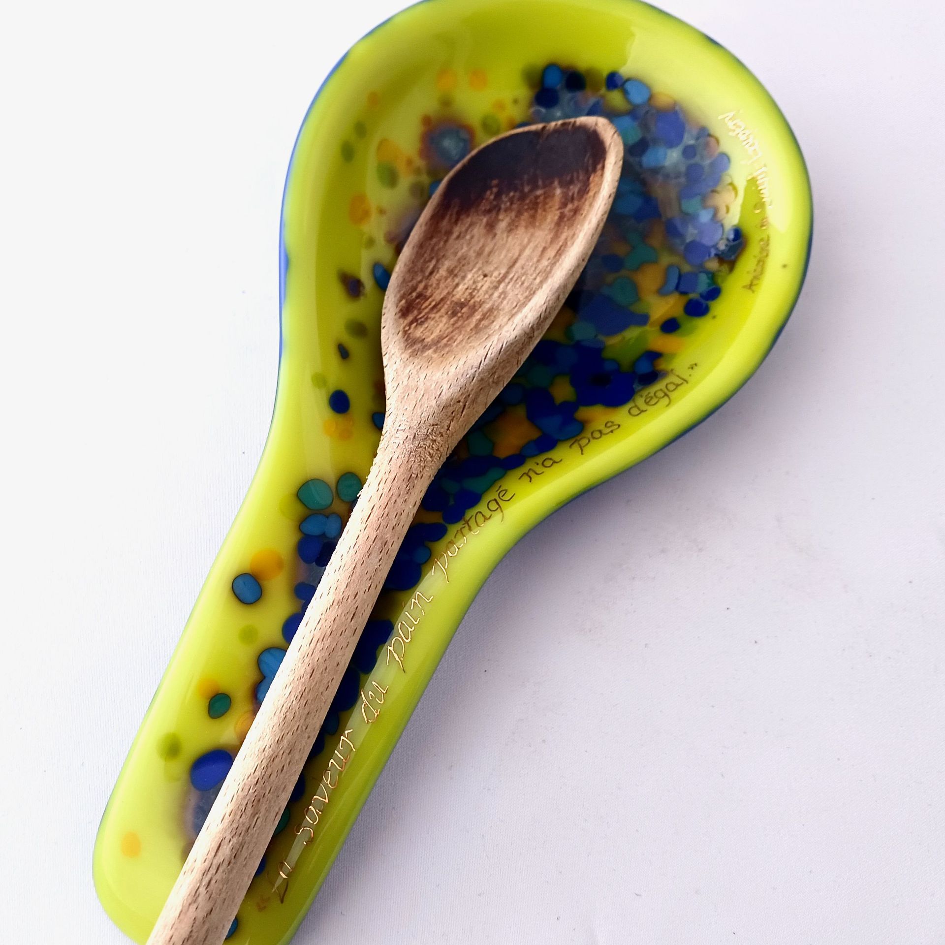 Contemporary Fused Glass Spoon Rest Featuring Hand Printed French Quote - Persian Lemon 3 