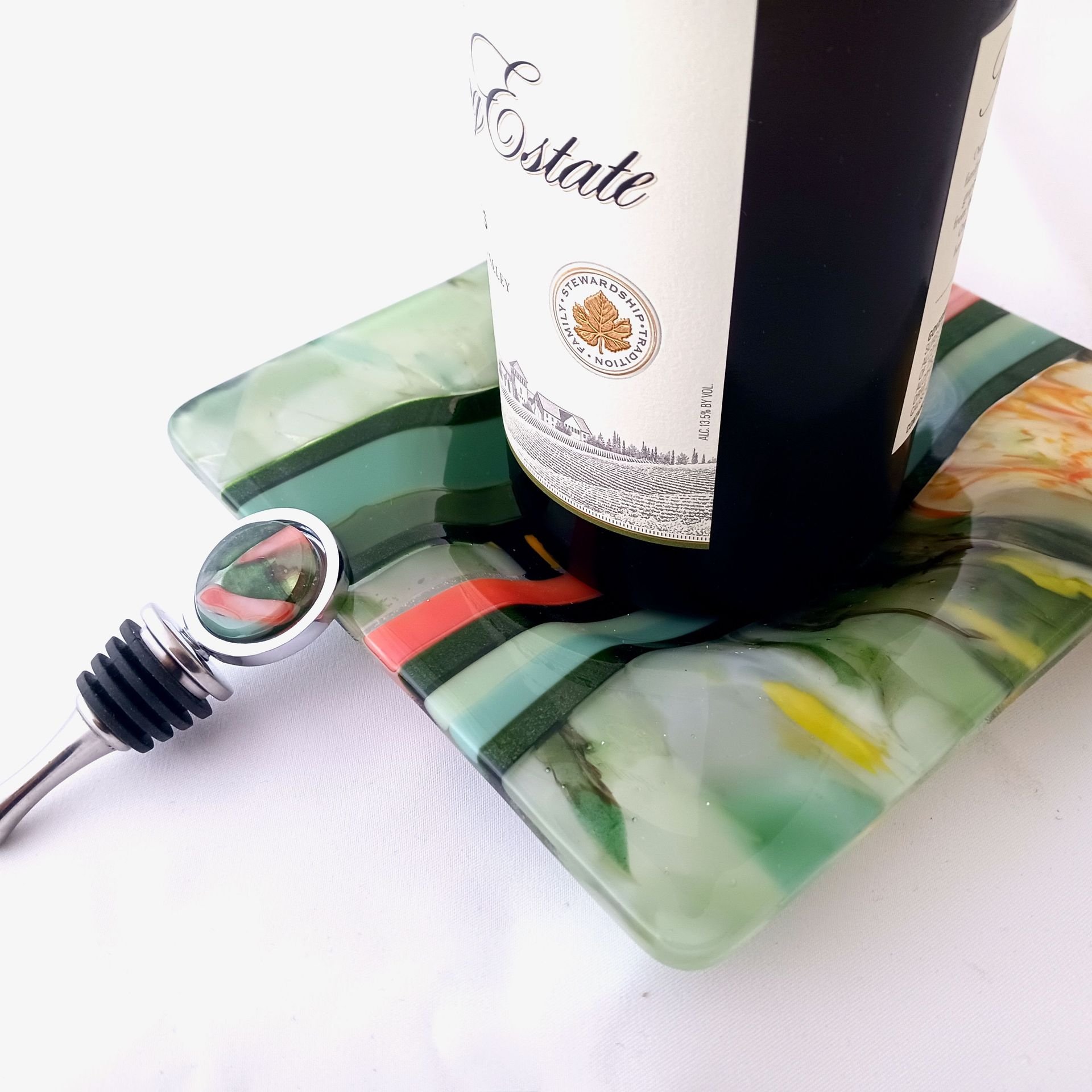 Garden Inspired Fused Glass Wine Bottle Coaster Featuring Handmade Glass - Chantenay 4 