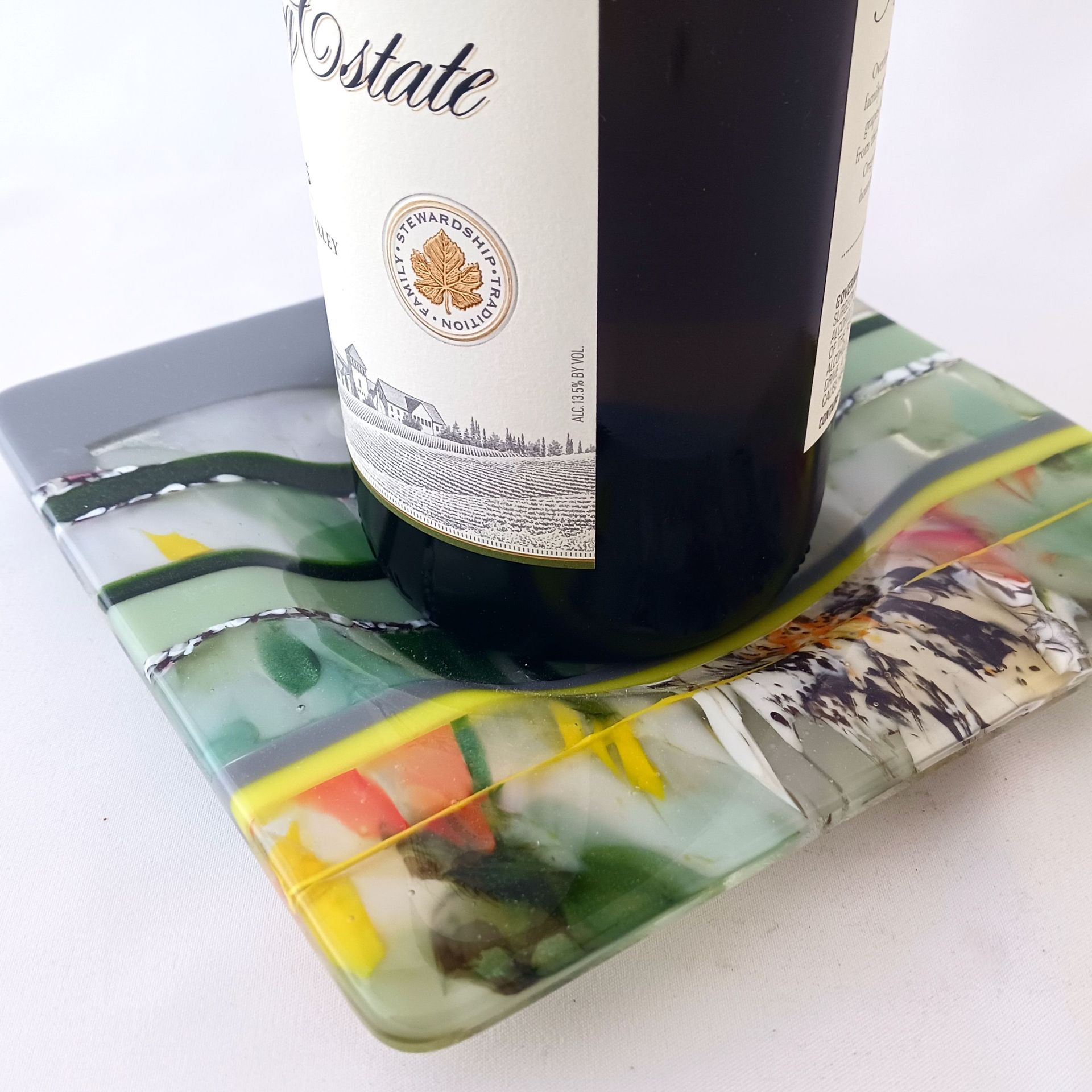 Garden Inspired Fused Glass Wine Bottle Coaster Featuring Handmade Glass - Early Bloom 2 