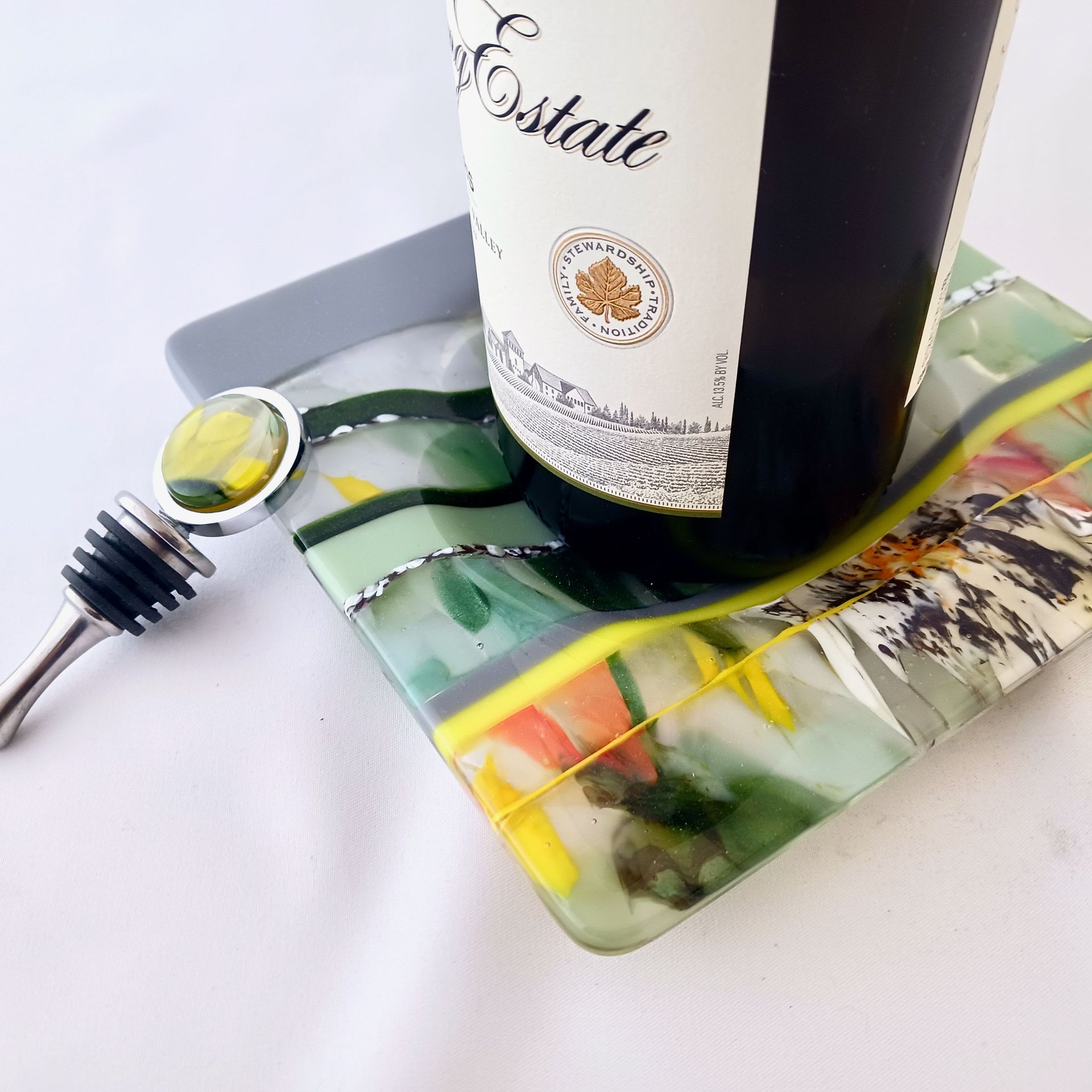 Garden Inspired Fused Glass Wine Bottle Coaster Featuring Handmade Glass - Early Bloom 5 