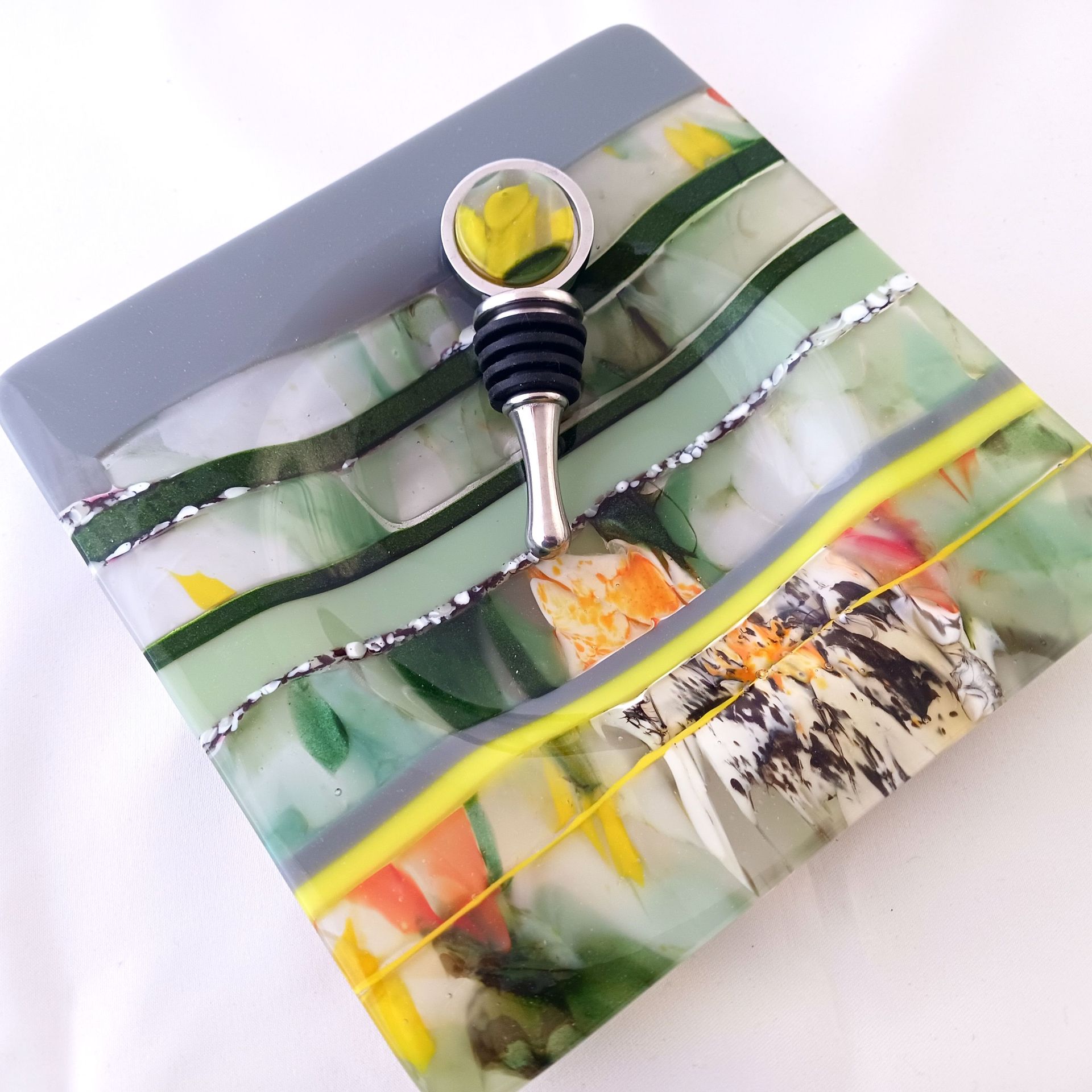 Garden Inspired Fused Glass Wine Bottle Coaster Featuring Handmade Glass - Early Bloom 3 