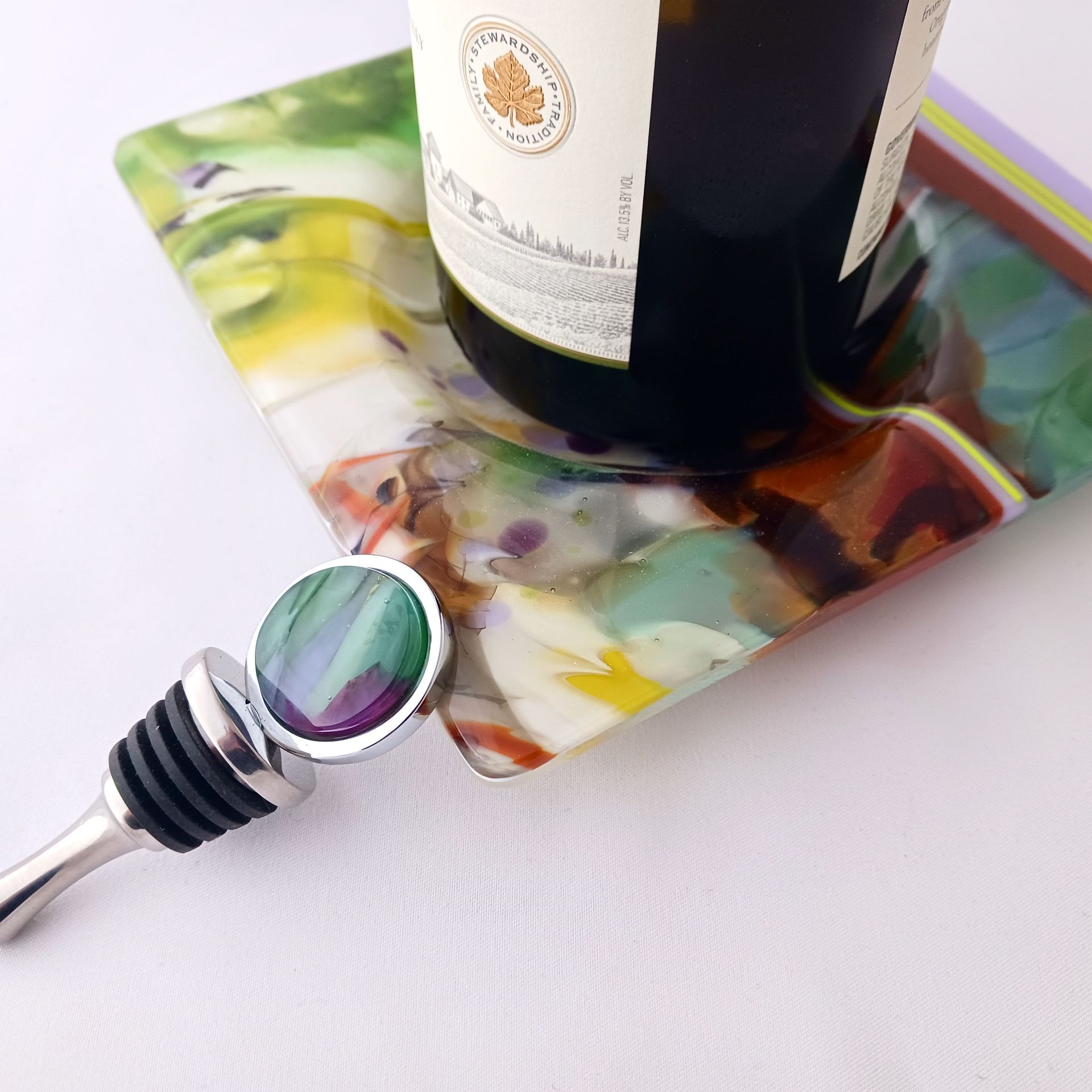 Nature-Inspired Fused Glass Wine Bottle Coaster Featuring Handmade Glass - Shady Grove 3 