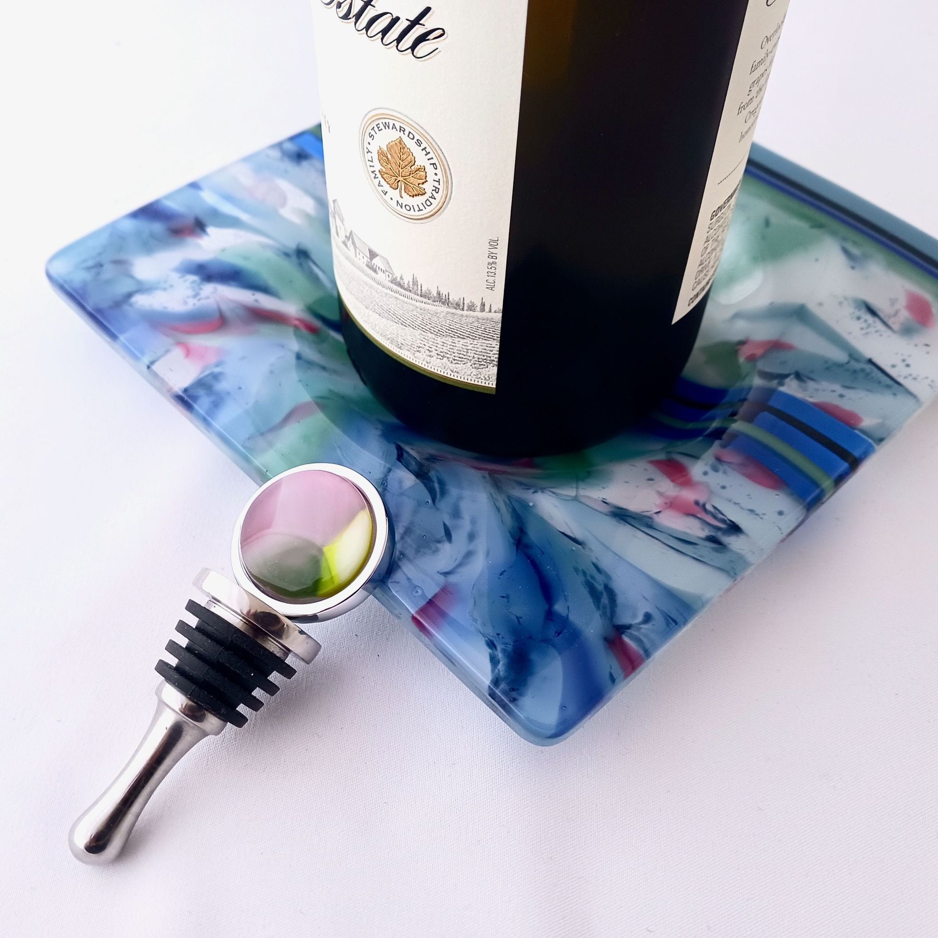 Aquatic Fused Glass Wine Bottle Coaster Featuring Handmade Glass - Water Garden 5 