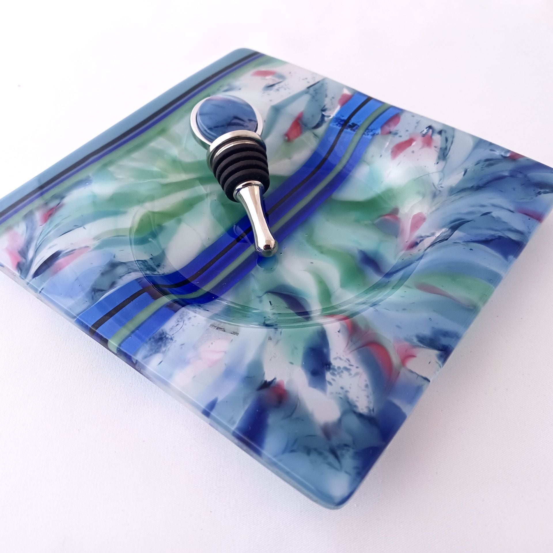 Aquatic Fused Glass Wine Bottle Coaster Featuring Handmade Glass - Water Garden 3 