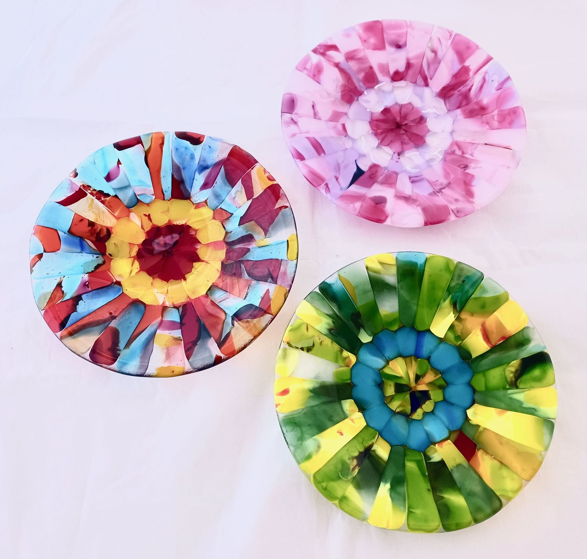 Garden Inspired Fused Glass Round Plate Featuring Handmade Glass - Cotton Candy Zinnia 3