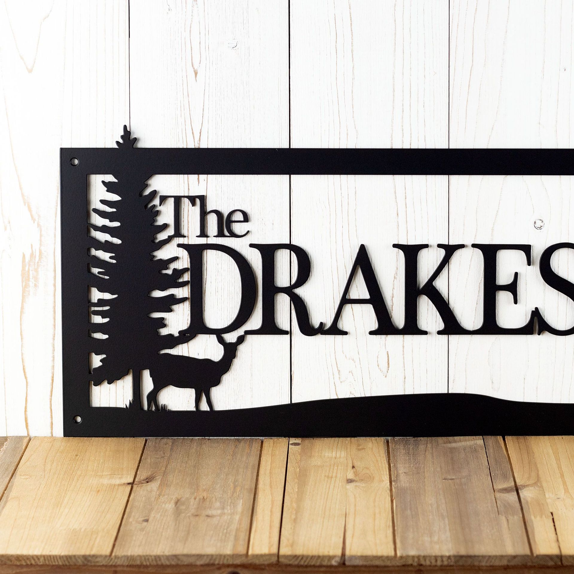 Personalized Rectangular Metal Family Last Name Plaque with Doe Deer and Pine Trees 3