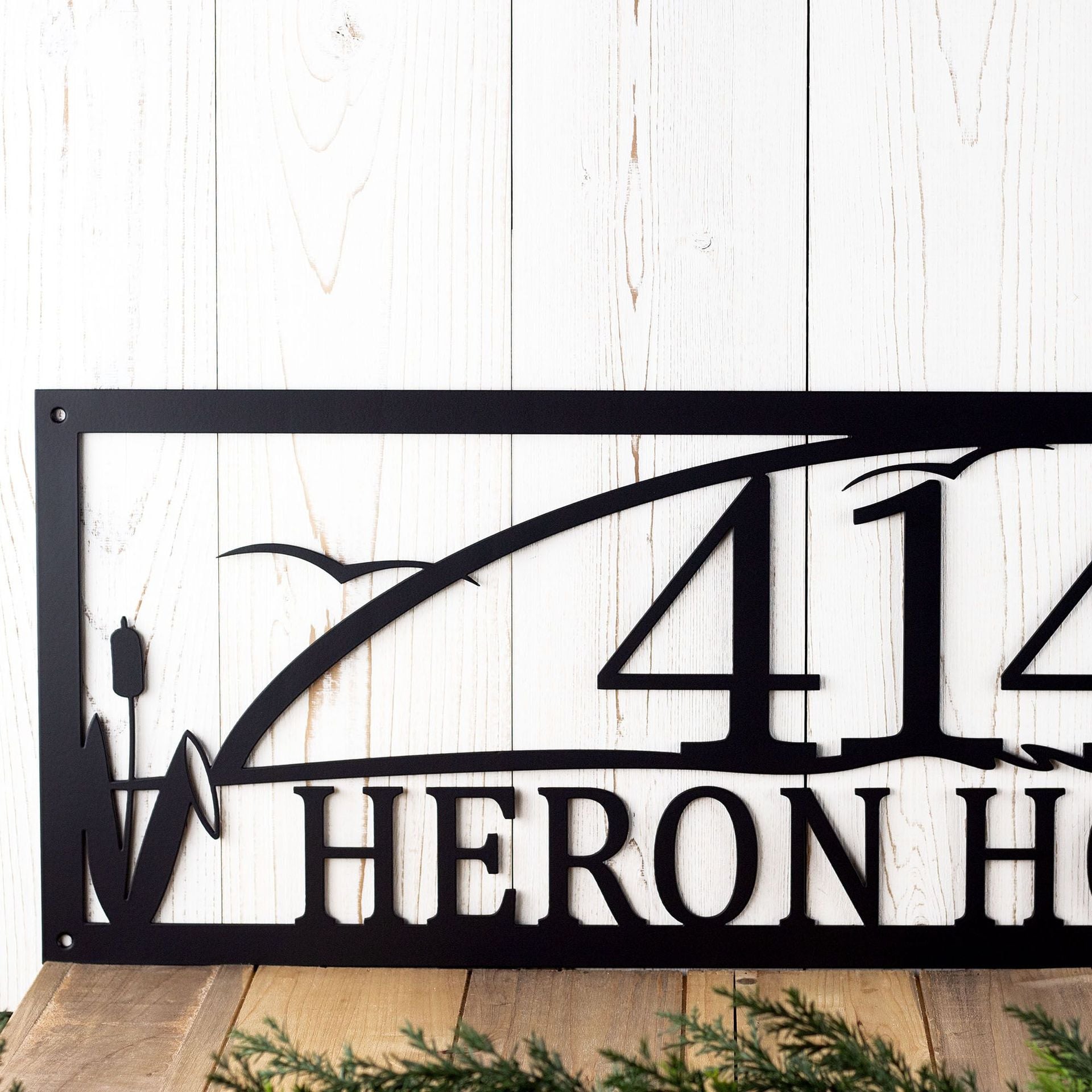 Custom Great Blue Heron Metal Address Sign, Lake Sunset Scene with Egret Bird & Cattails, Beach Home Driveway Entrance House Number Plaque 3
