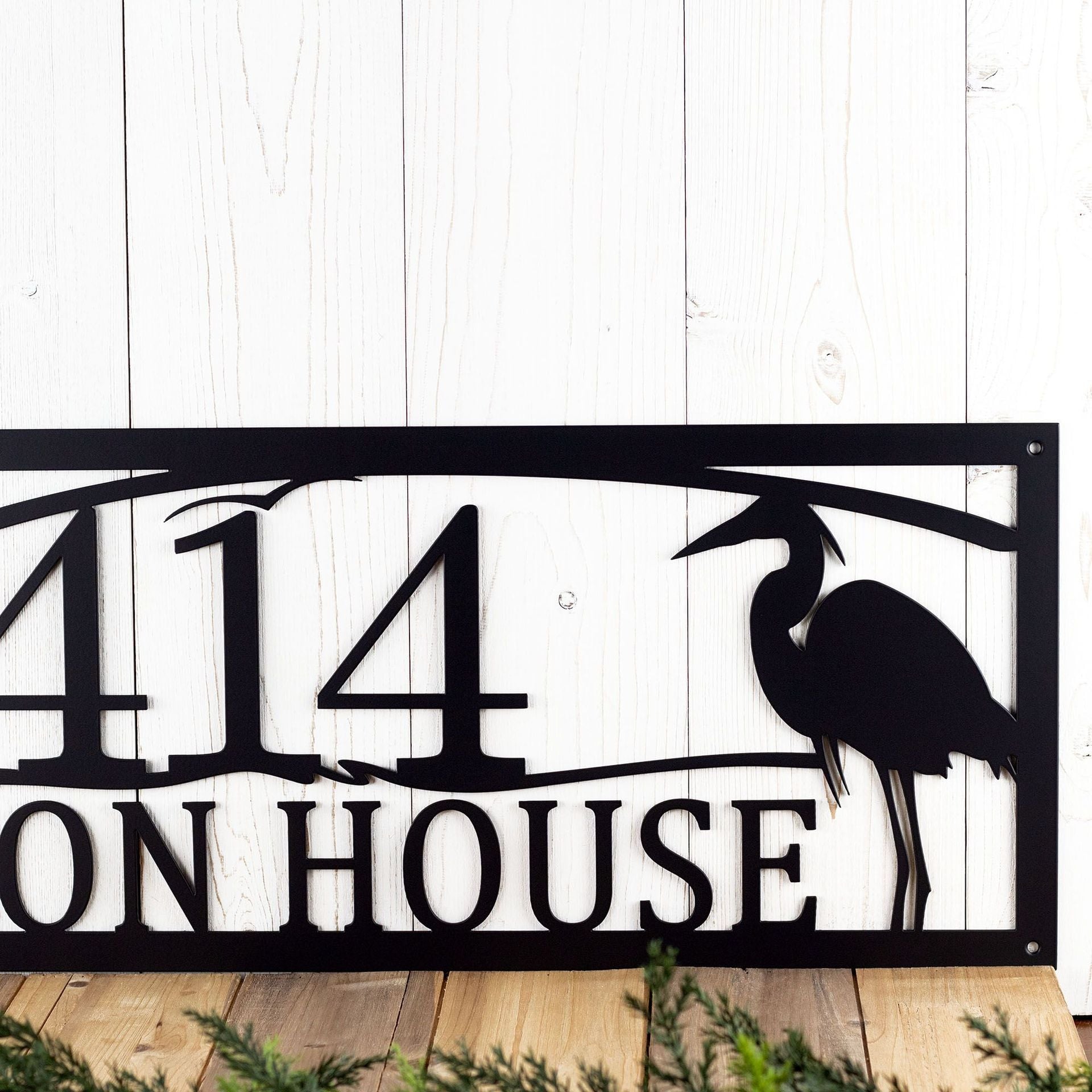Custom Great Blue Heron Metal Address Sign, Lake Sunset Scene with Egret Bird & Cattails, Beach Home Driveway Entrance House Number Plaque 4
