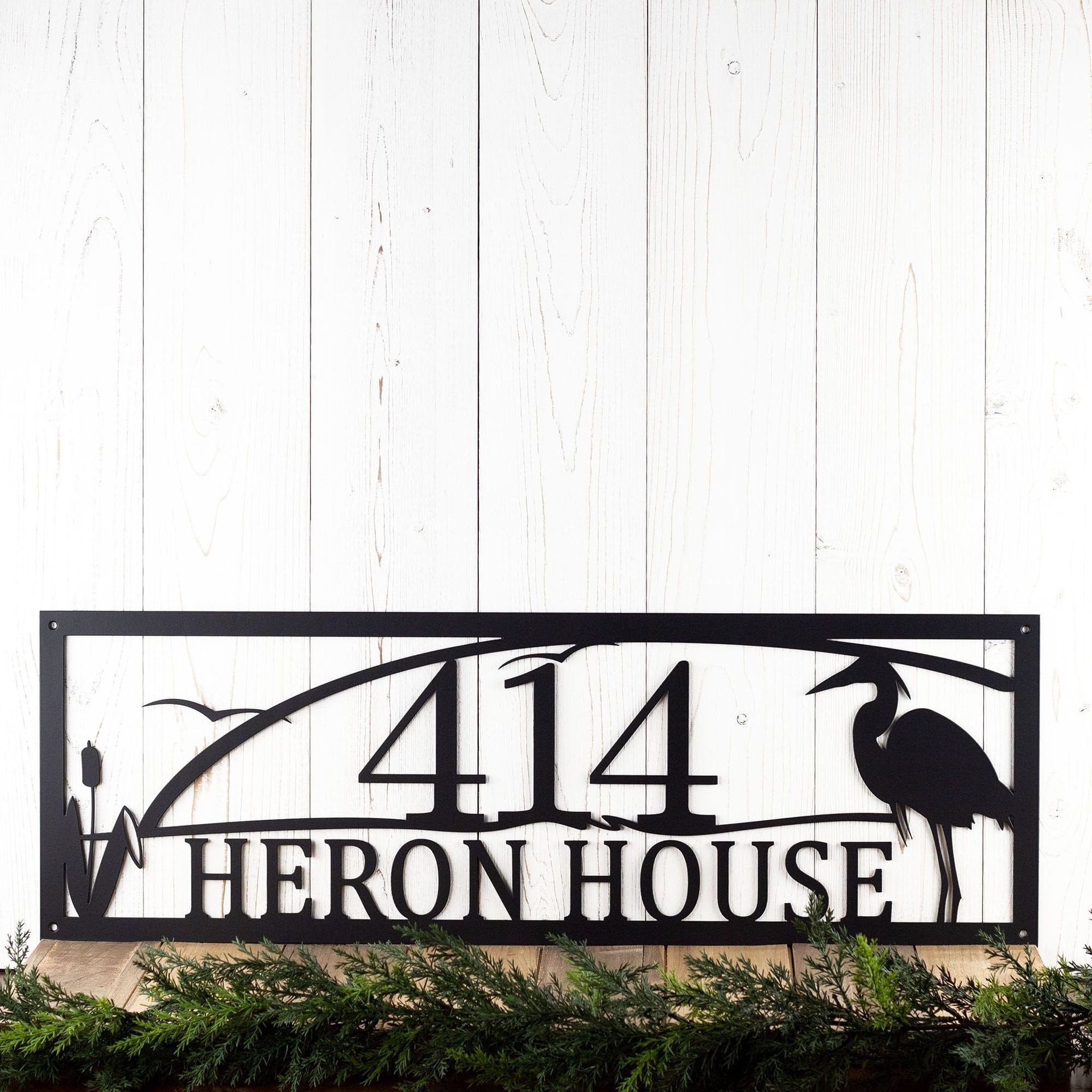Custom Great Blue Heron Metal Address Sign, Lake Sunset Scene with Egret Bird & Cattails, Beach Home Driveway Entrance House Number Plaque