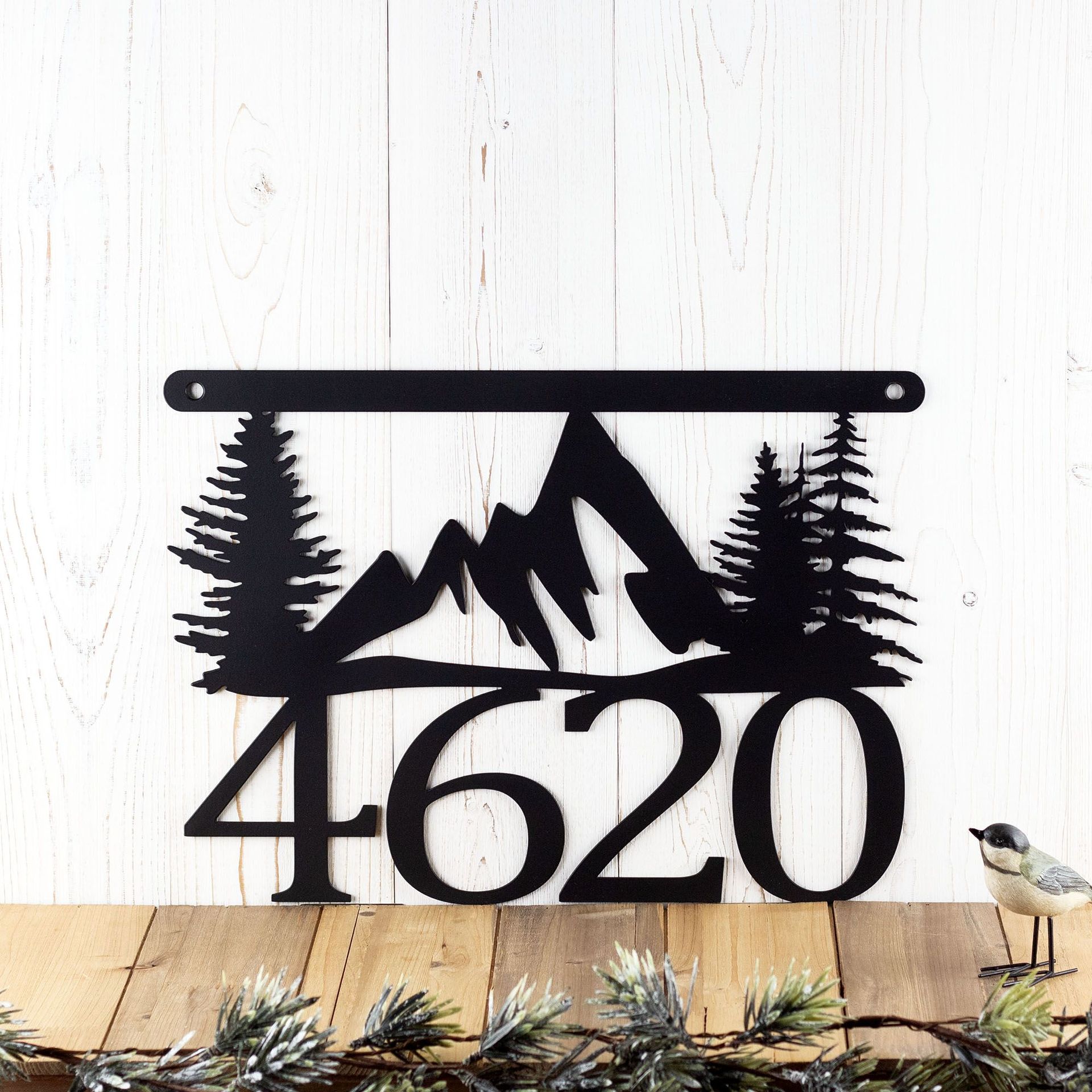 Personalized Hanging House Number Metal Sign with Mountains and Pine Trees