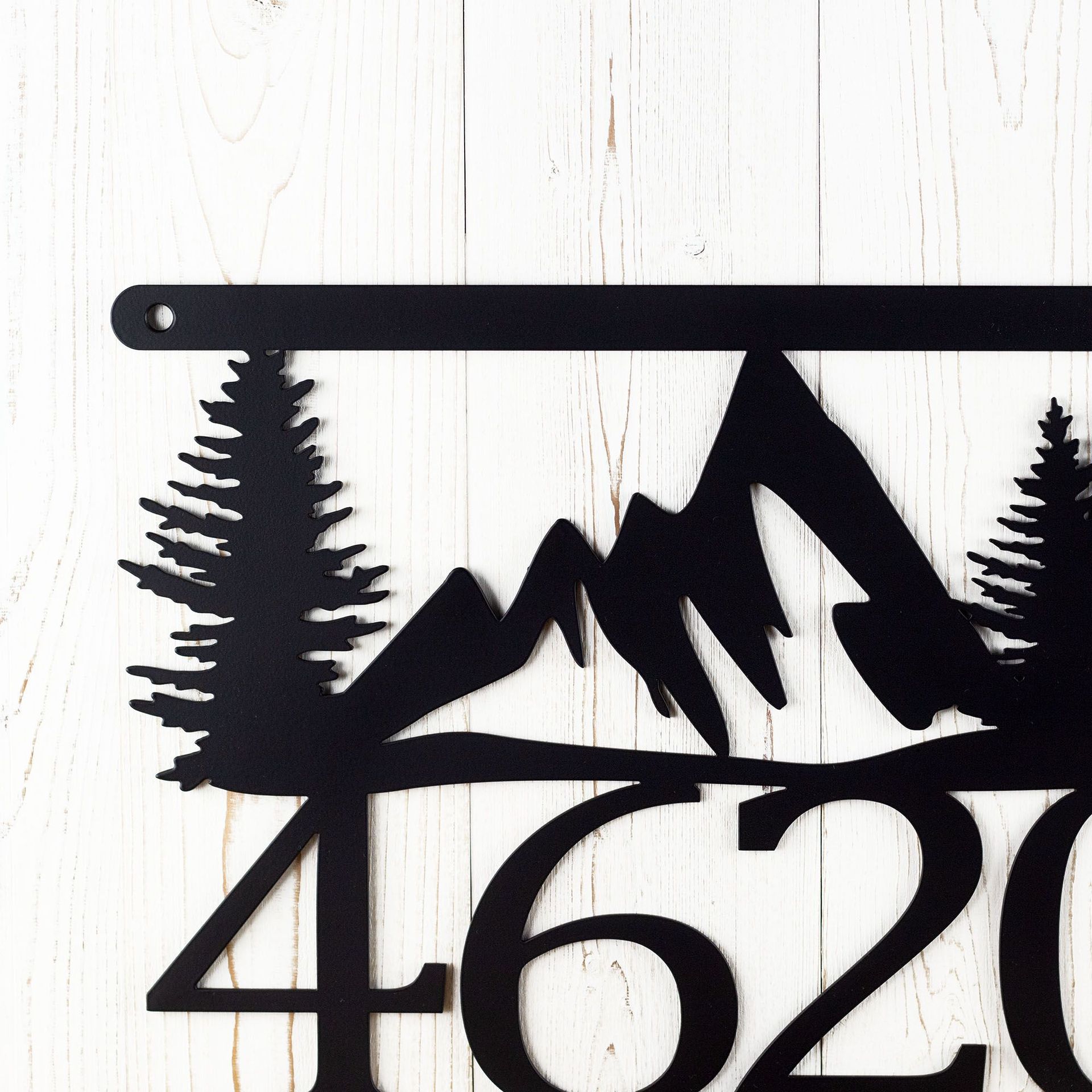 Personalized Hanging House Number Metal Sign with Mountains and Pine Trees 3