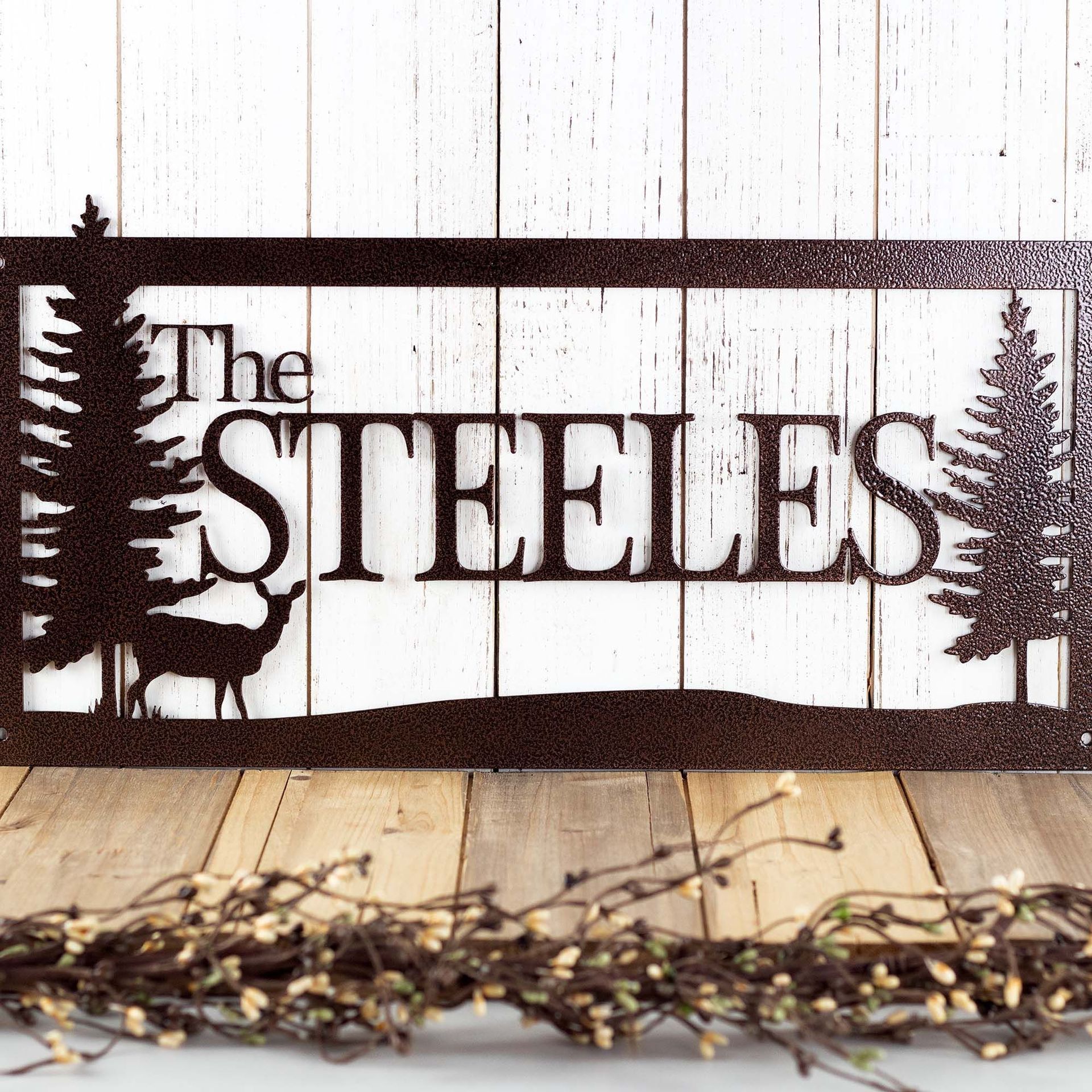 Personalized Rectangular Metal Family Last Name Plaque with Doe Deer and Pine Trees 4