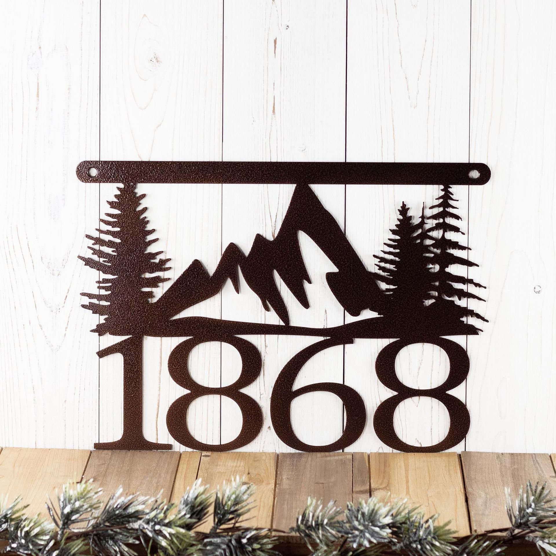 Personalized Hanging House Number Metal Sign with Mountains and Pine Trees 4