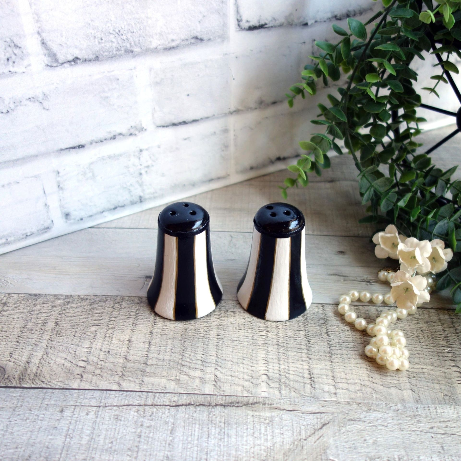 Black and White Striped Decor Salt & Pepper Shakers Hand painted Striped Decor 2 
