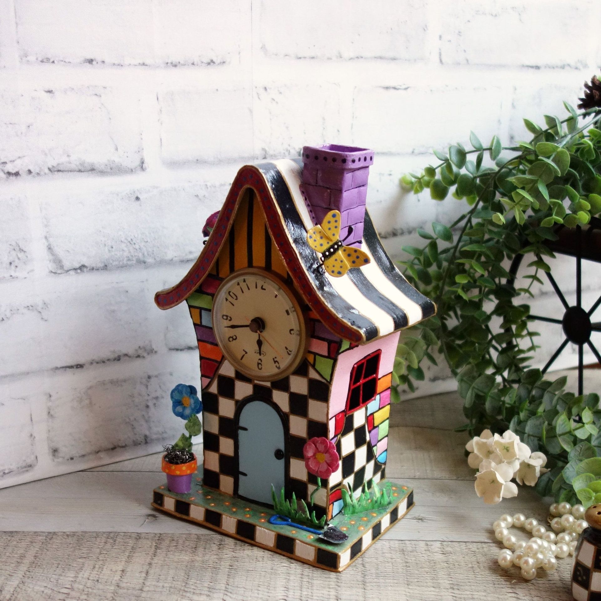 Hand Painted Whimsy Black and White Check Birdhouse Clock 2 