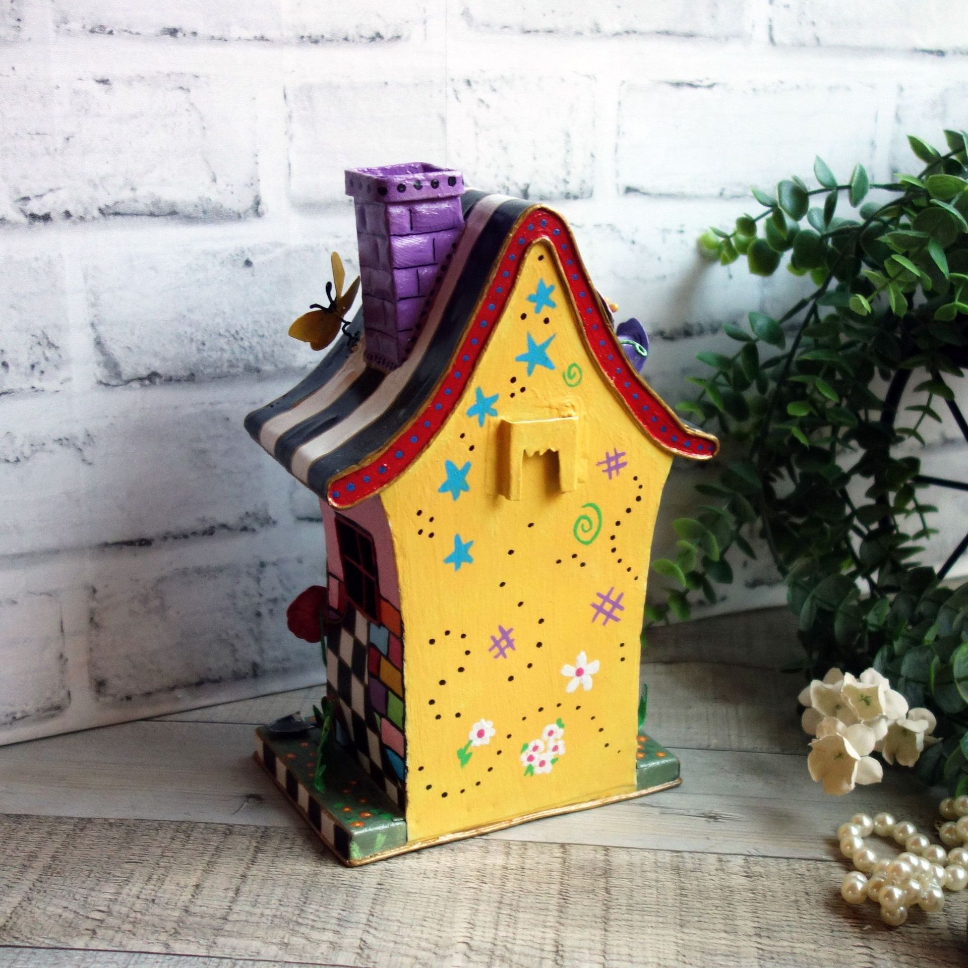 Hand Painted Whimsy Black and White Check Birdhouse Clock 3 