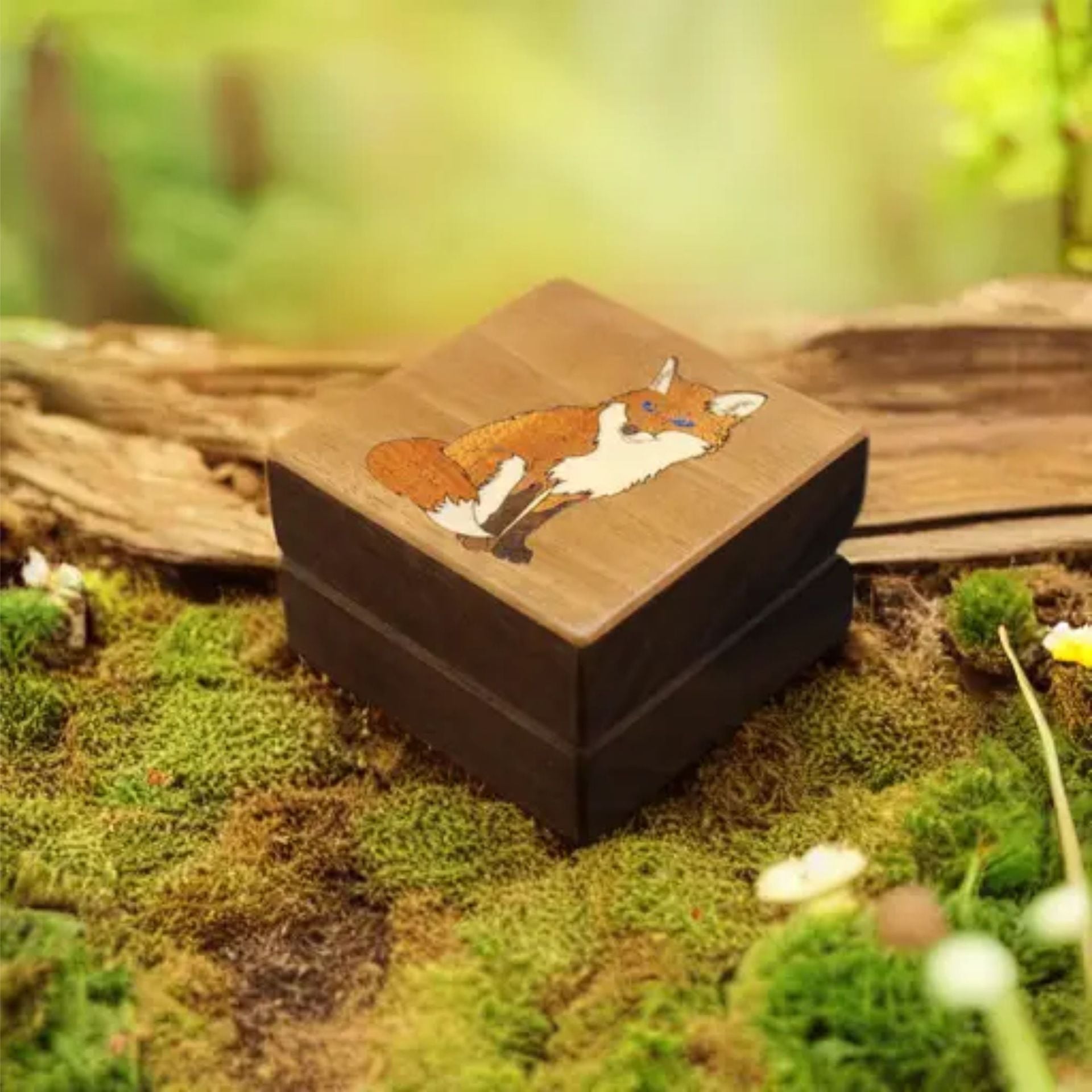 Sitting Fox Ring Box With Inlaid Woods. Free Engraving And Shipping. Rb-94