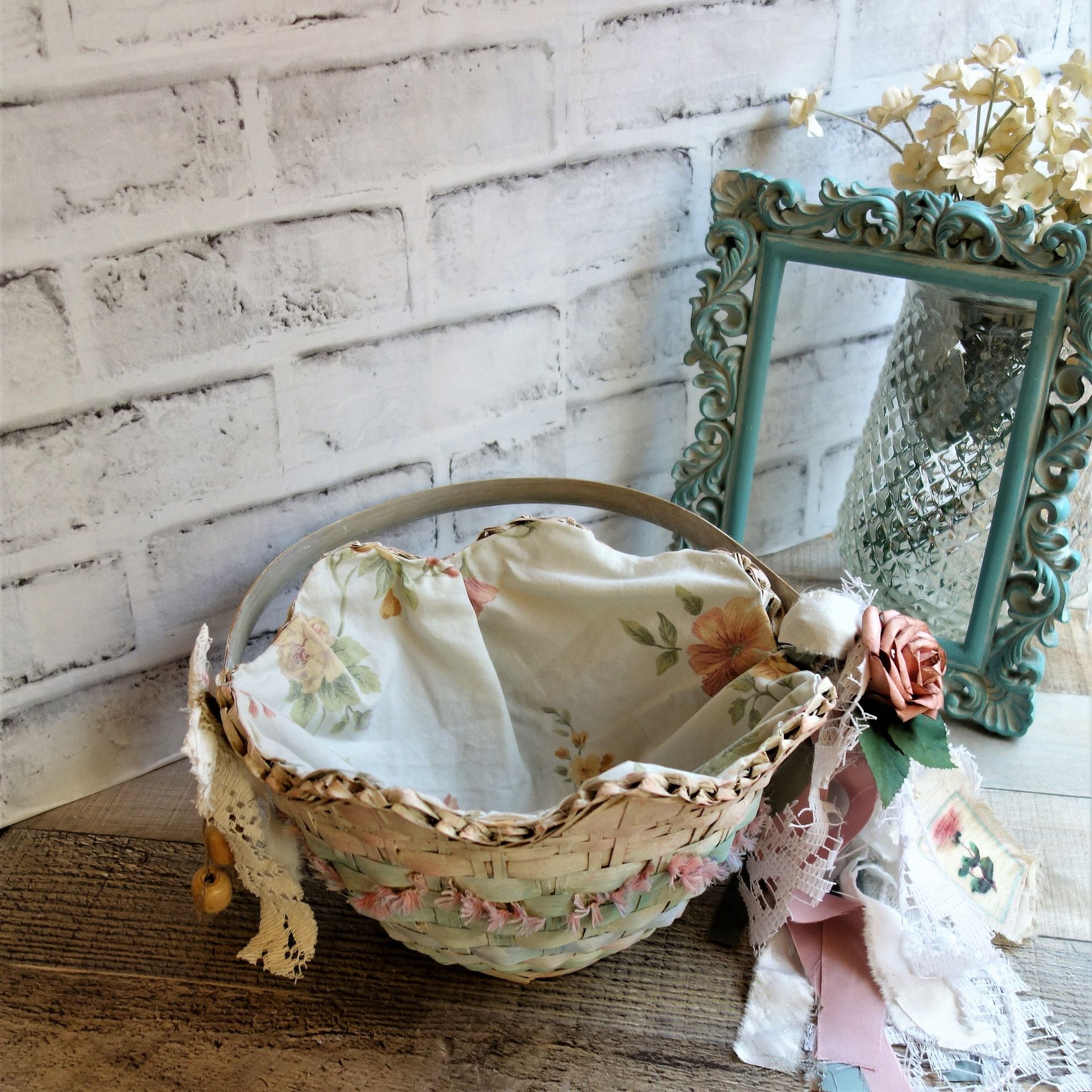Pink And Green Shabby Chic Decor Rose Basket 3 