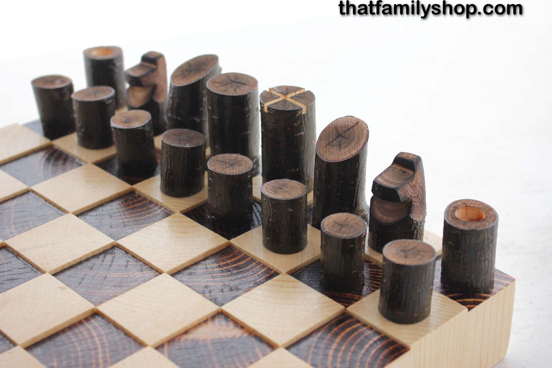 Chess Set With Torched Board And Tree Pieces 2