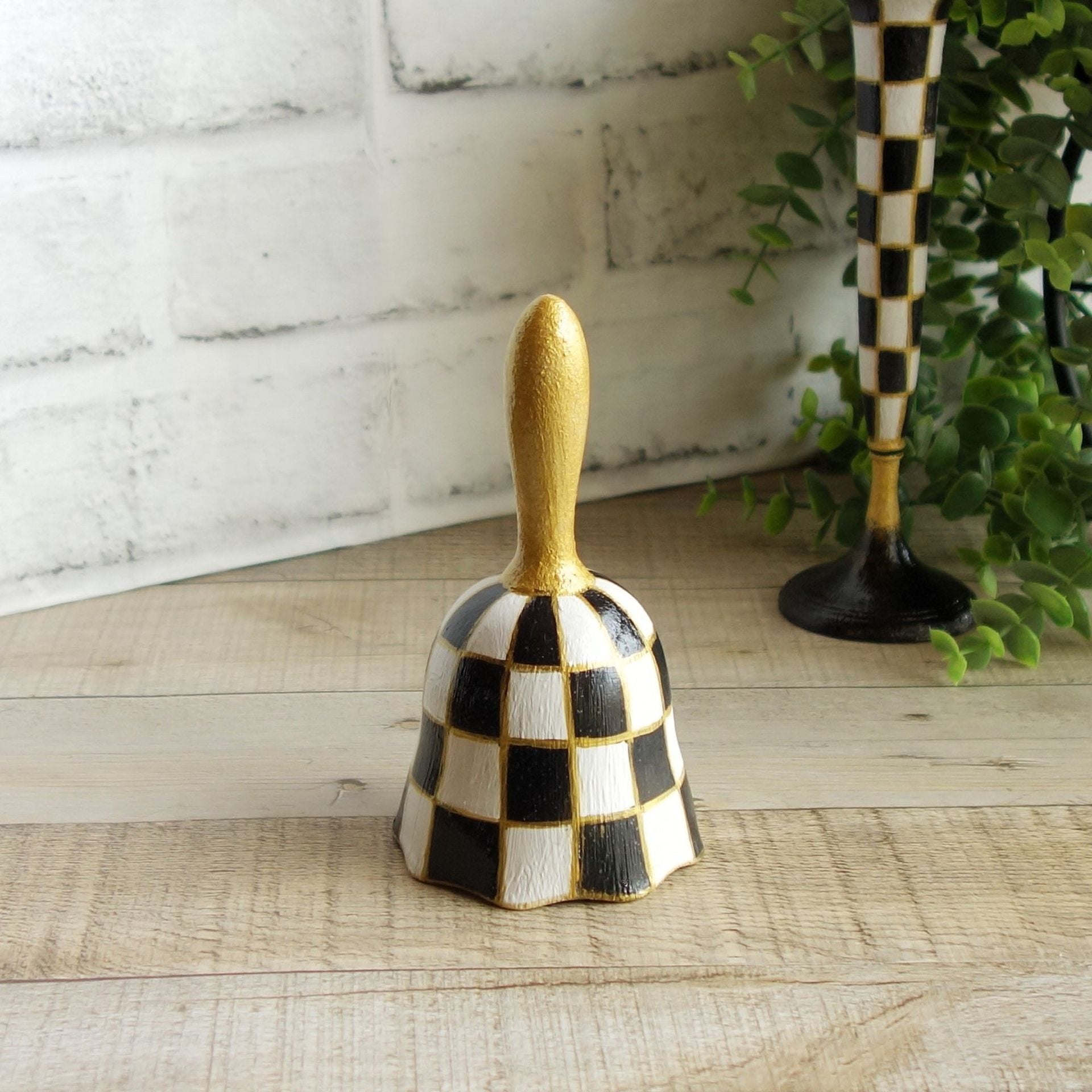 Elegant Checks Bell Black And White Check Decor Hand Painted Collectible Figurin 3 