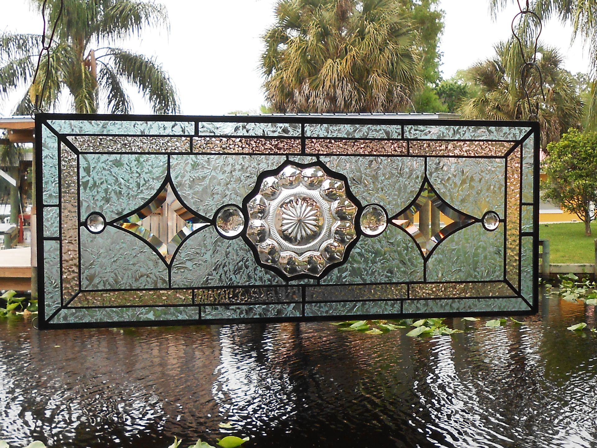 1930s Heisey Depression Glass Stained Glass Panel, Vintage Window Transom W Peerless Plate 7 