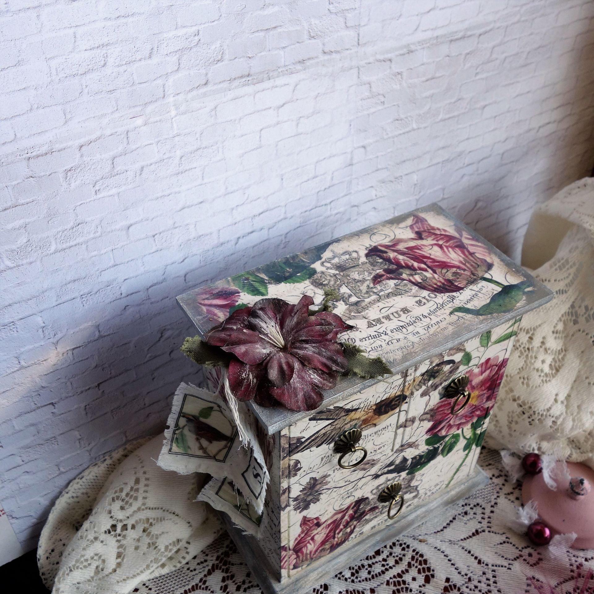 Custom Decorative Keepsake Box Tea Box Vanity Organizer Jewelry Armoire Vintage Bird Decor 2 