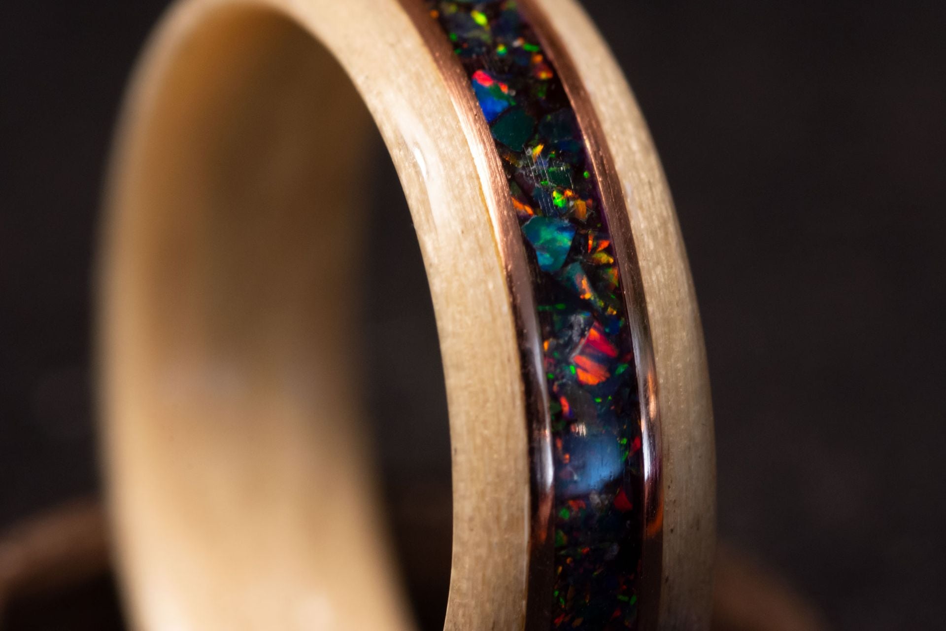 Black Fire Opal & Space Titanium Opal Mix With Two Copper Inalys In Steam Bentwood Maple Ring