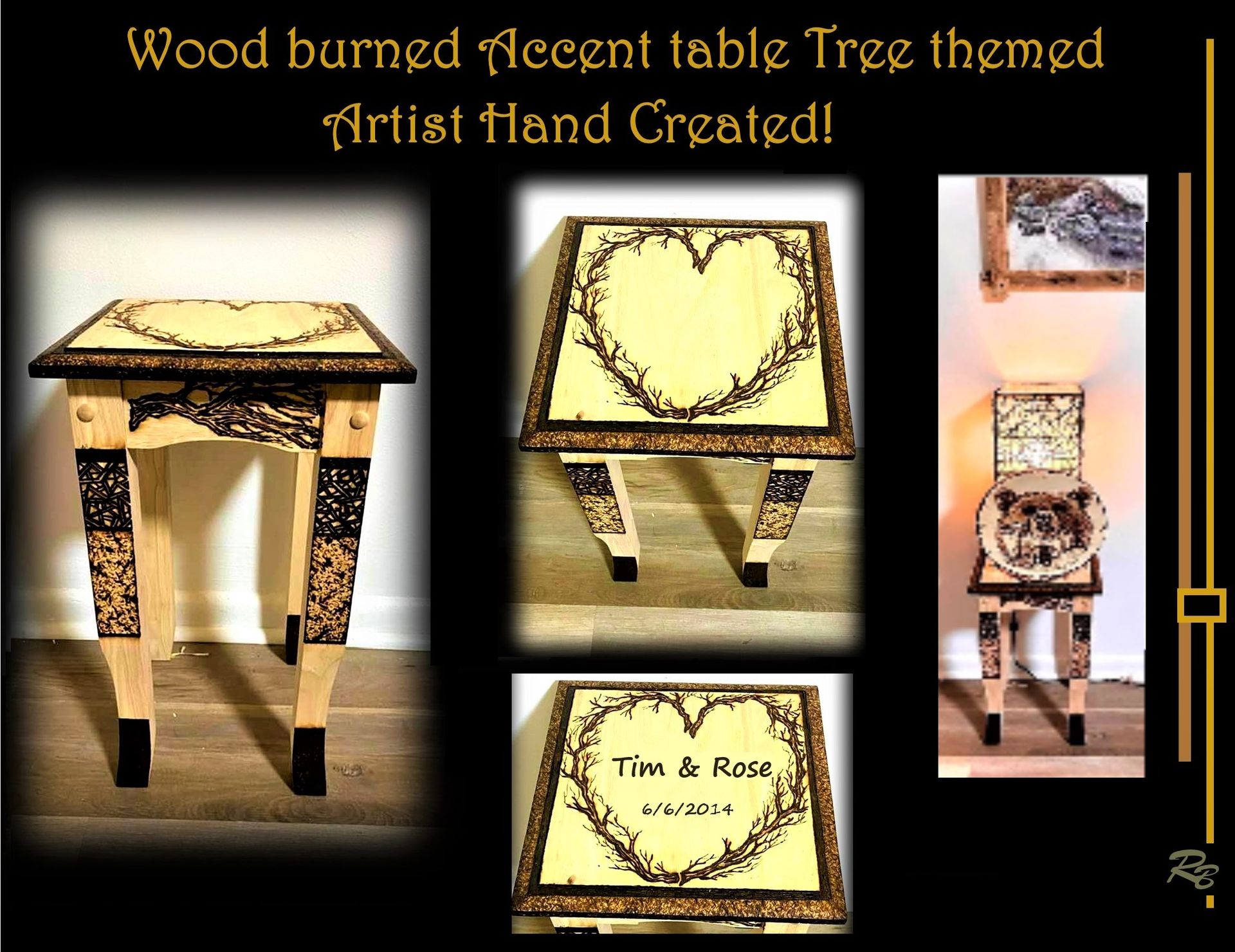 Custom, Side Table, End Table, Accent Table, Wood Burned Images, 1