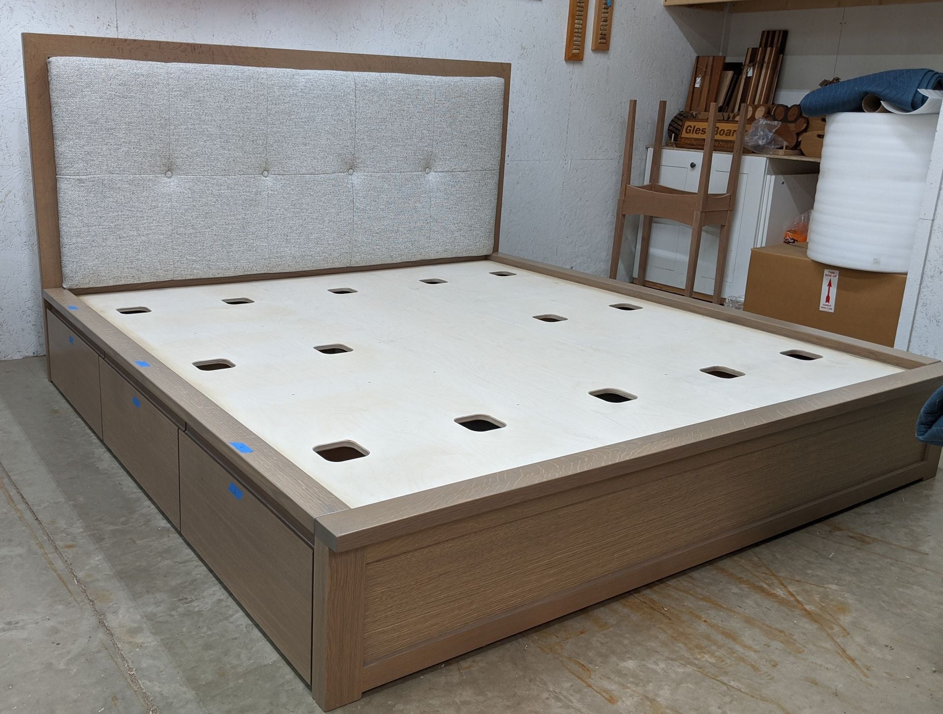 White Oak Storage Platform Bed With Padded Headboard 2 