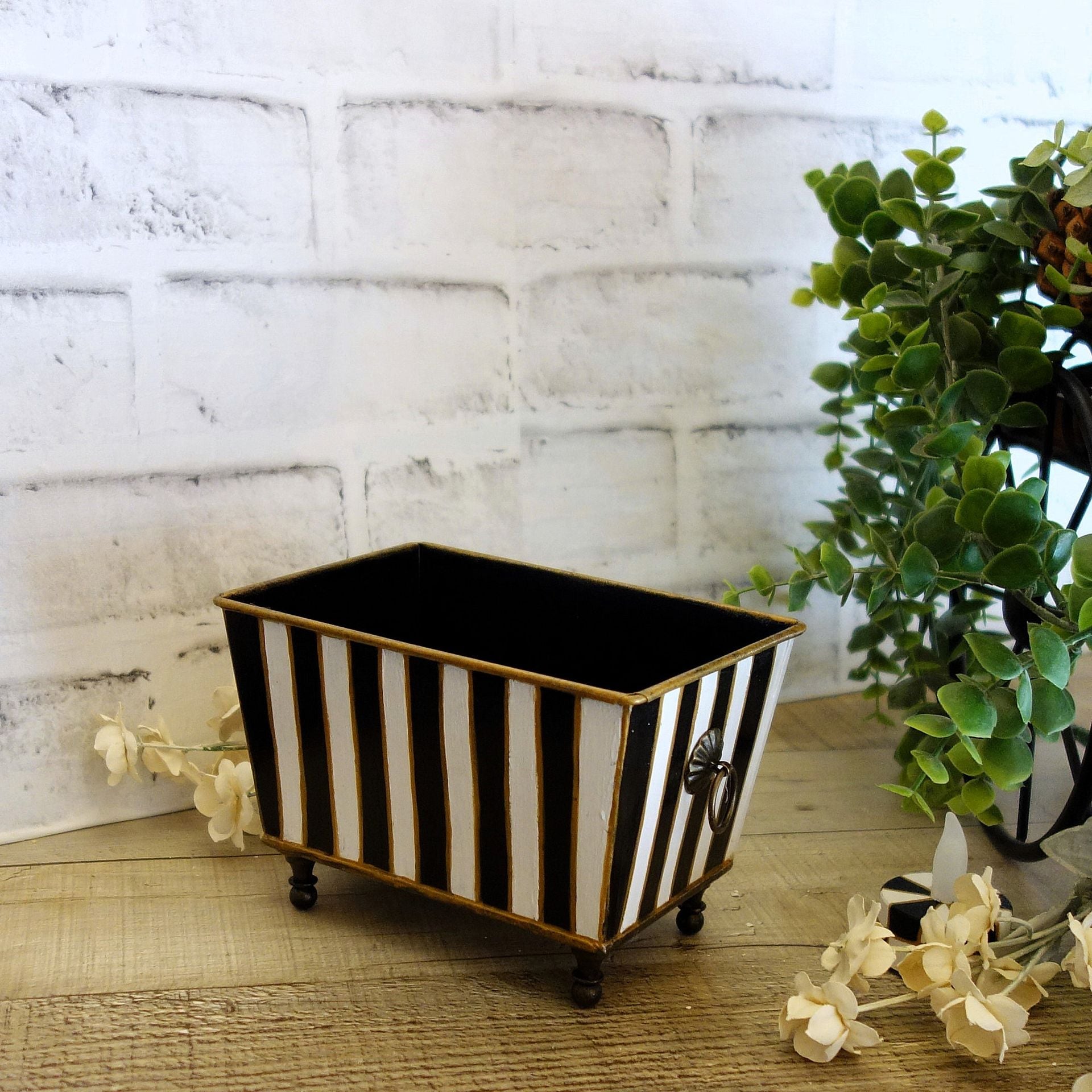 Black White Stripe Small Vanity Organizer Guest Towel Caddy Striped Storage Bin 3 