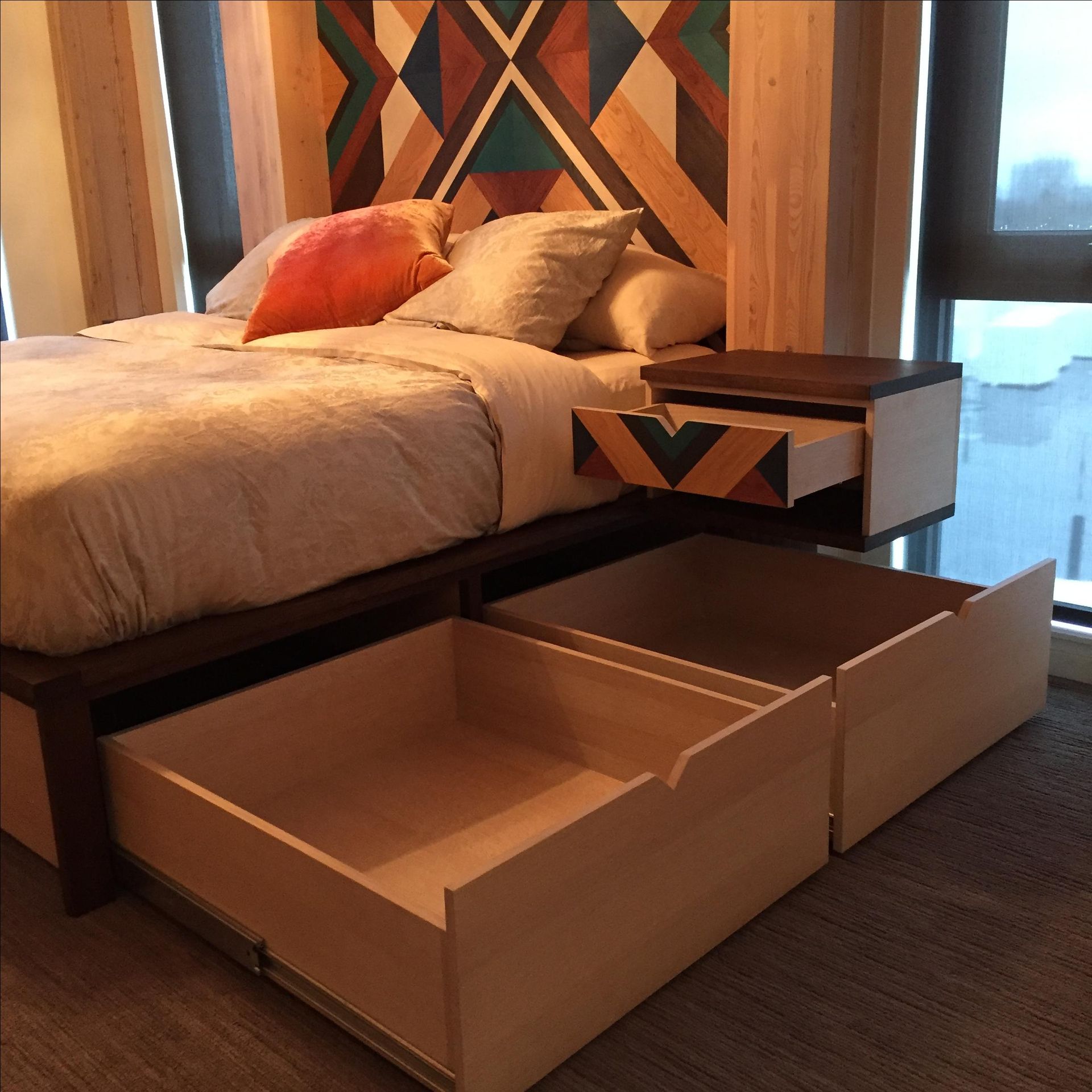 Platform Bed, Geometric Headboard And Nightstands 5 