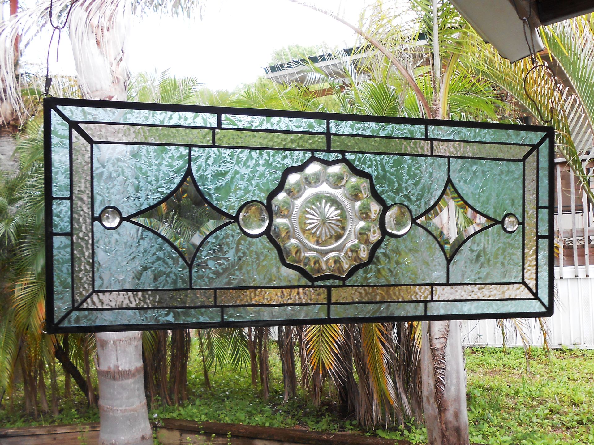 1930s Heisey Depression Glass Stained Glass Panel, Vintage Window Transom W Peerless Plate 3 