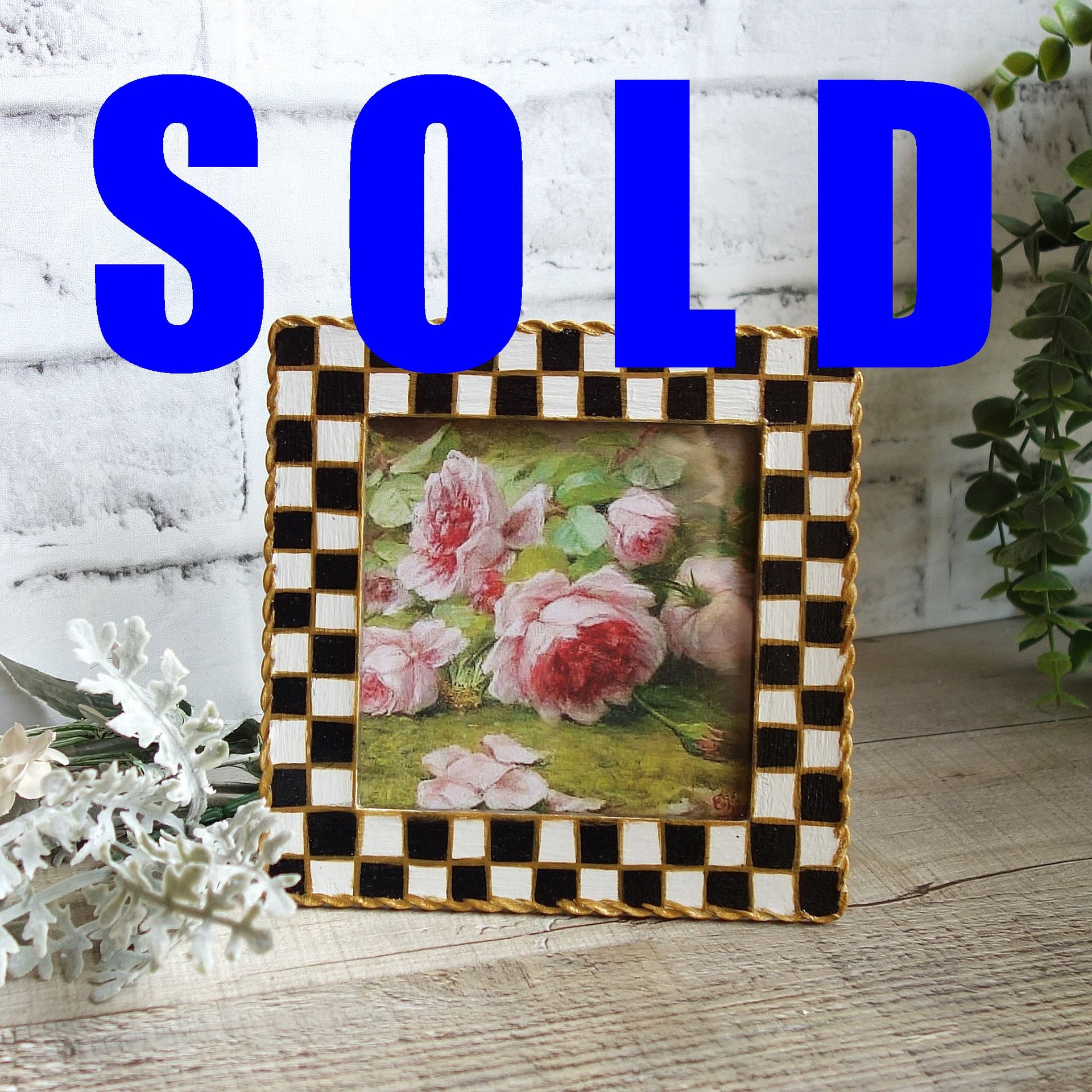 Hand Painted Checks Vintage Frame Courtly Picture Frame Pink Rose Checked Decor