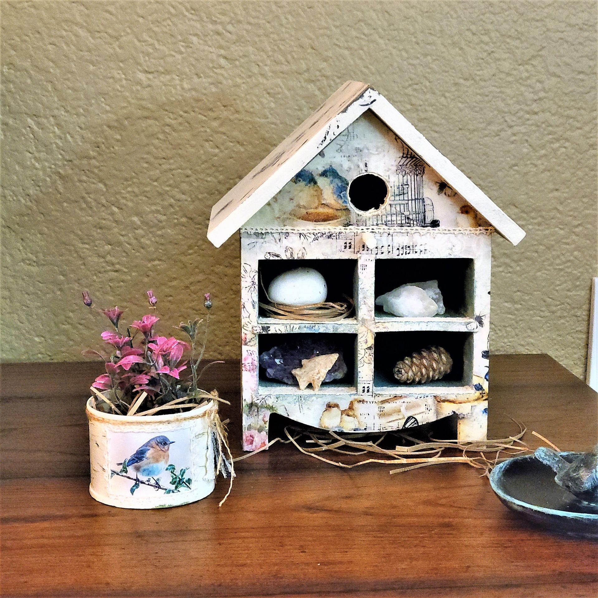 Tabletop Wood Cubby Shelves Blue Bird Cubby Box & Mini Floral, Pigeon Hole Shelf, Miniature Cubby 6 