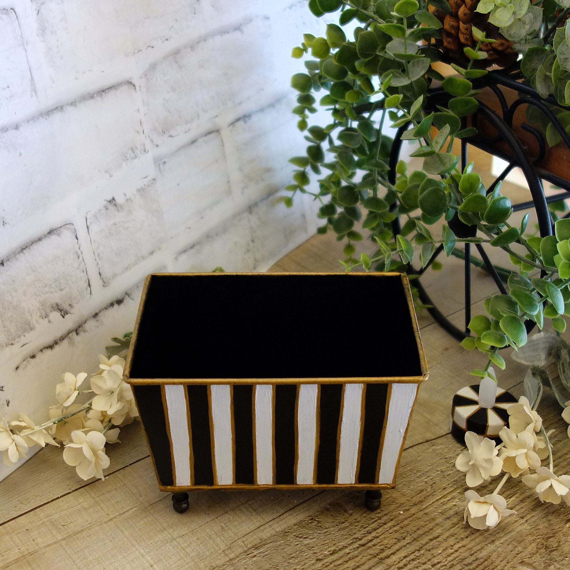 Black White Stripe Small Vanity Organizer Guest Towel Caddy Striped Storage Bin 4 