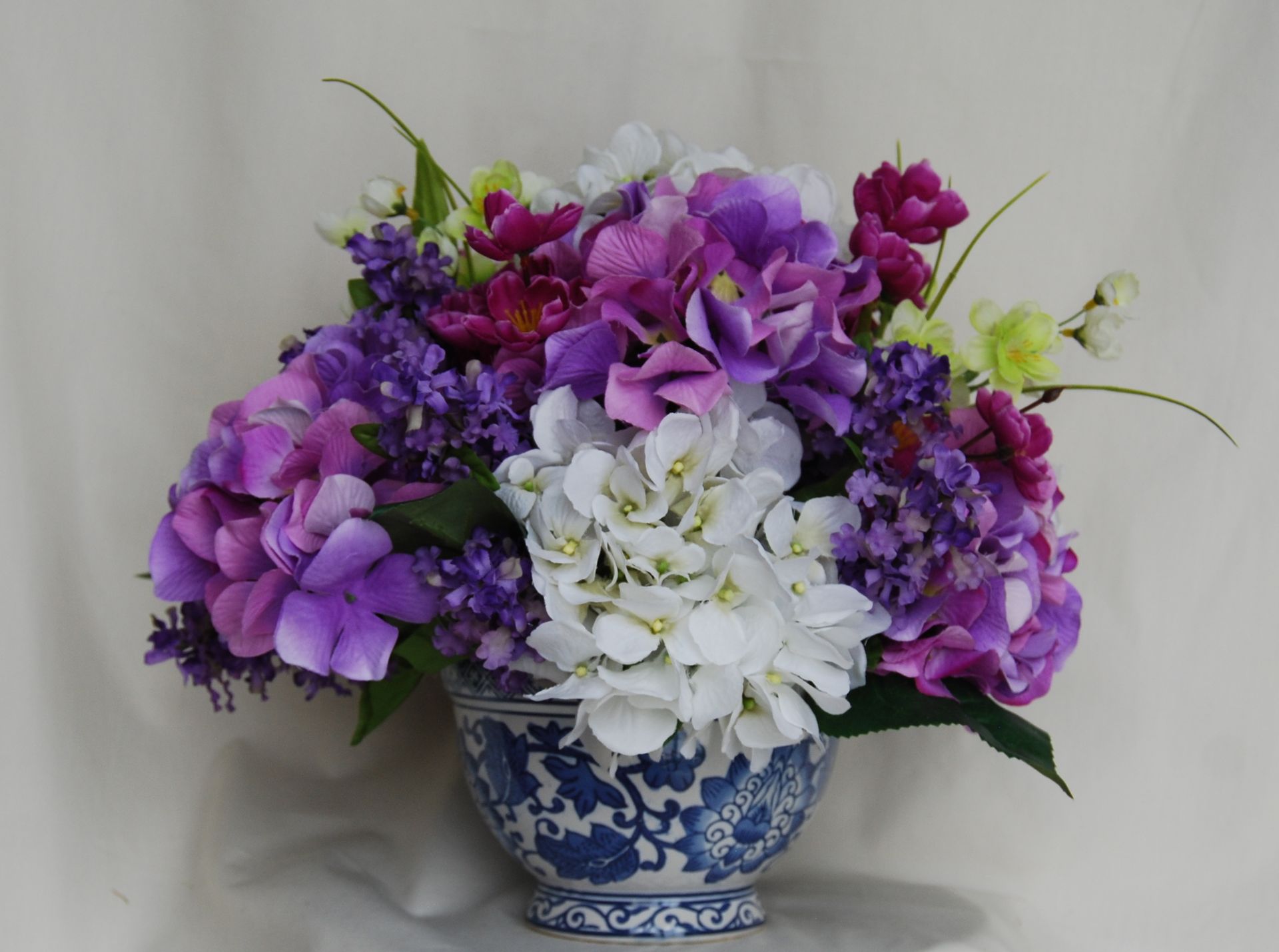Purple And White Hydrangea Silk Floral Arrangement In Blue Pottery Vase 2 