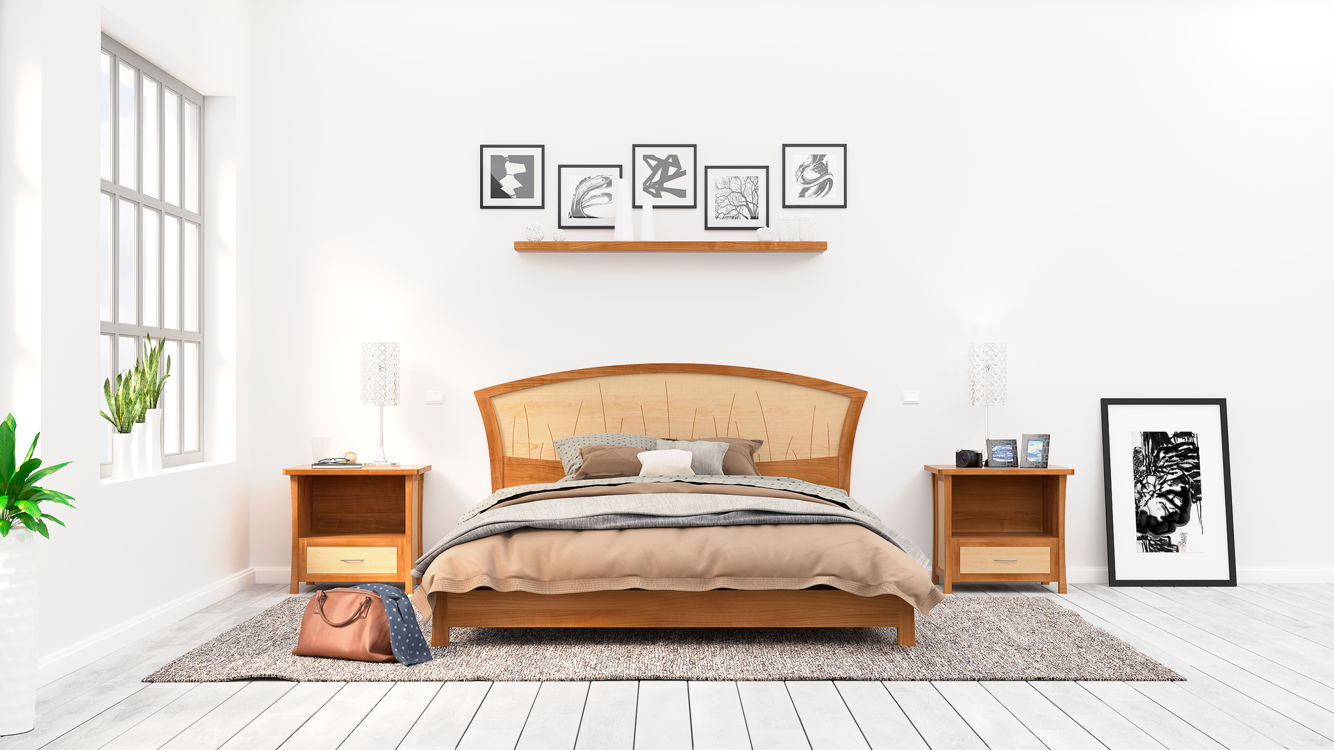 Modern Platform Bed Queen Size, Low Bed Frame Wood, Art Deco, Cherry Headboard, King, "River Rushes"