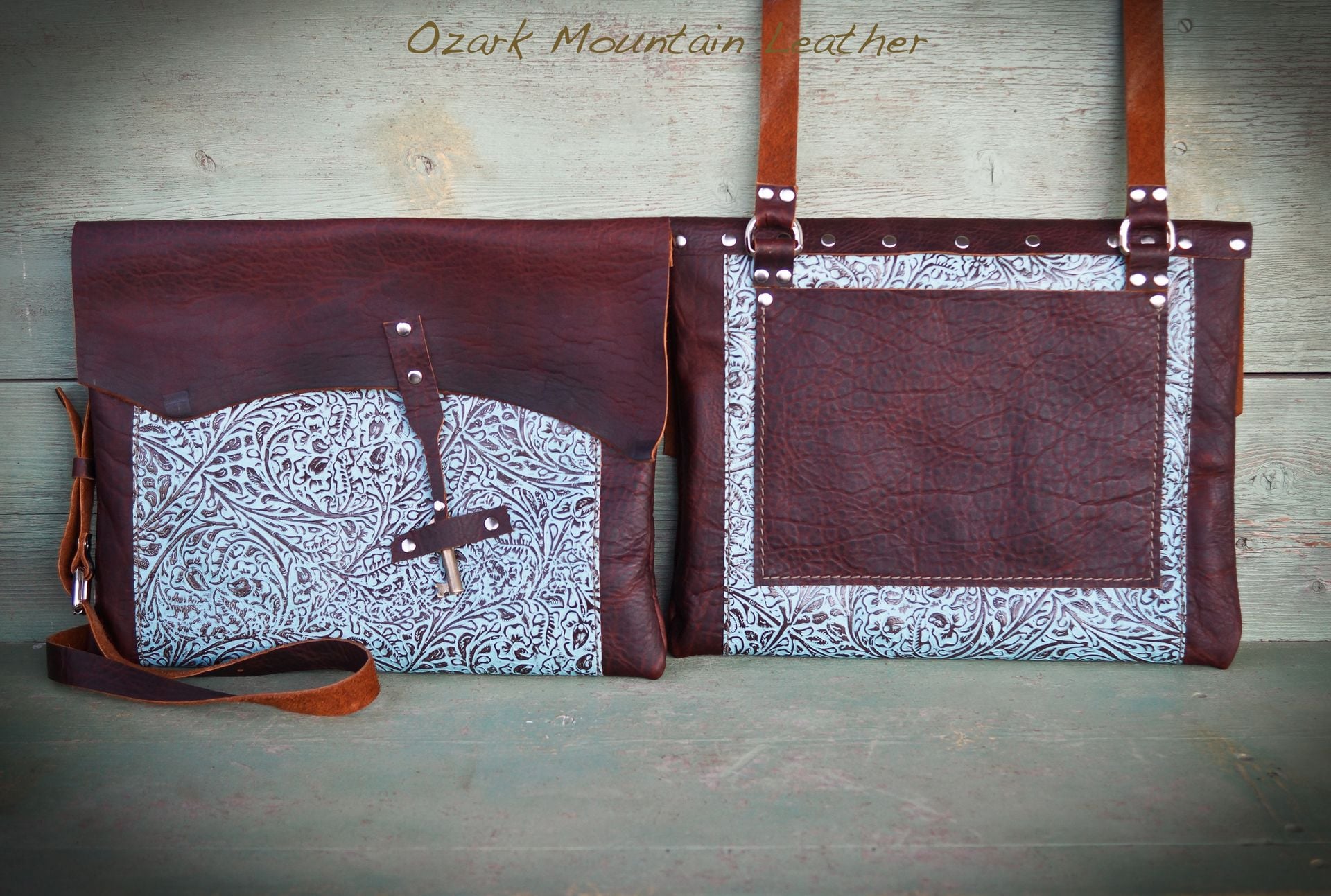 Bison And Turquoise Leather Bag Made With Skeleton Key Closure 5 