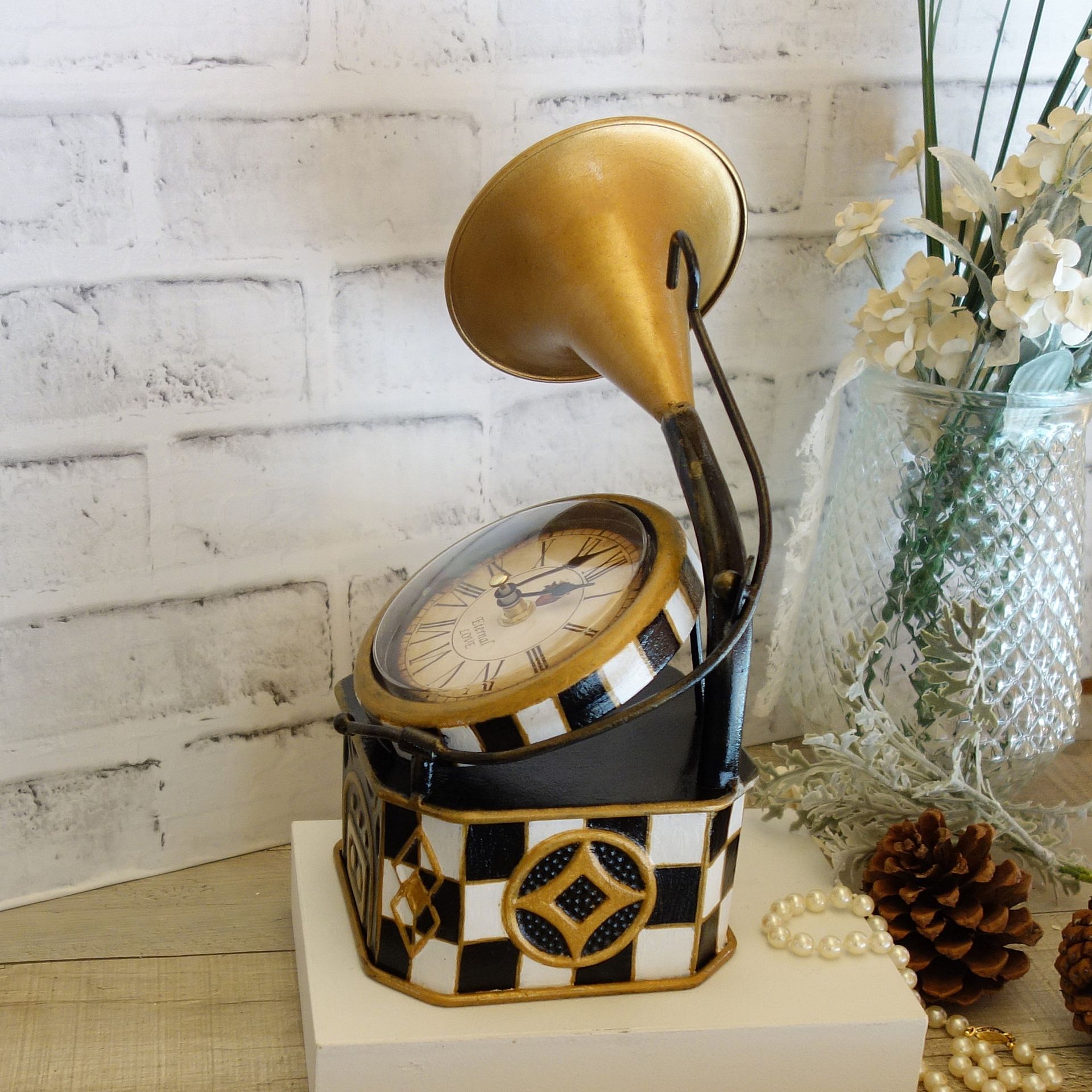 Courtly Phonograph Checked Clock Nwt Hand Painted Black And White Checks Clock 3 