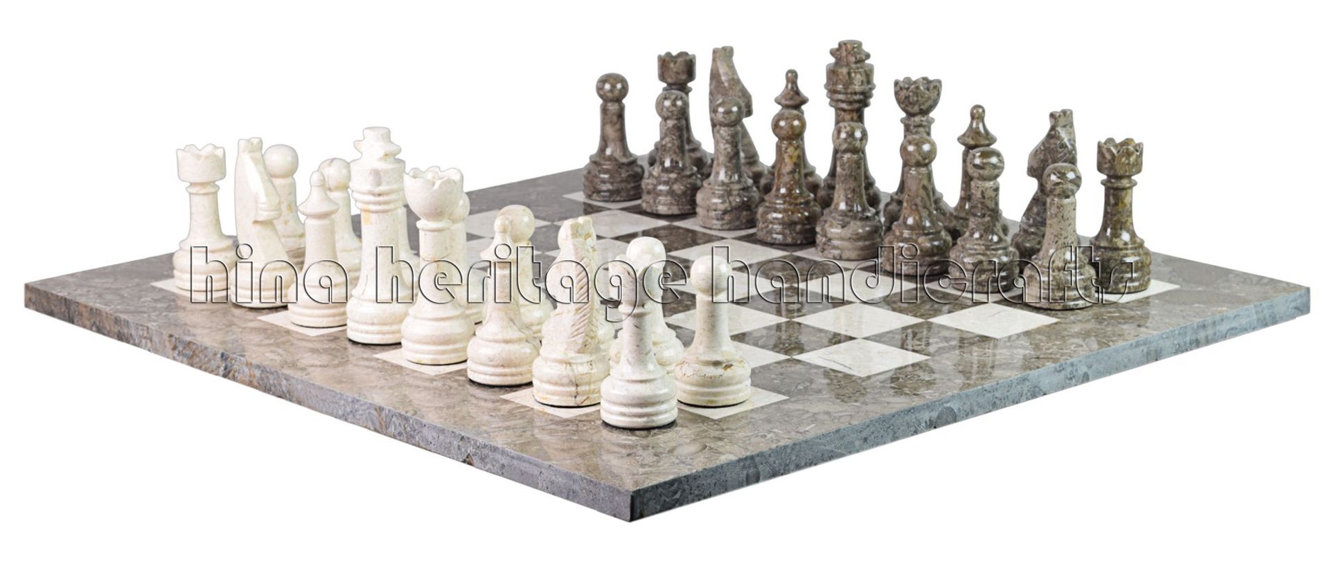 Botticino & Oceanic Marble Natural Stone Chess Set With Rustic Series Chess Pieces