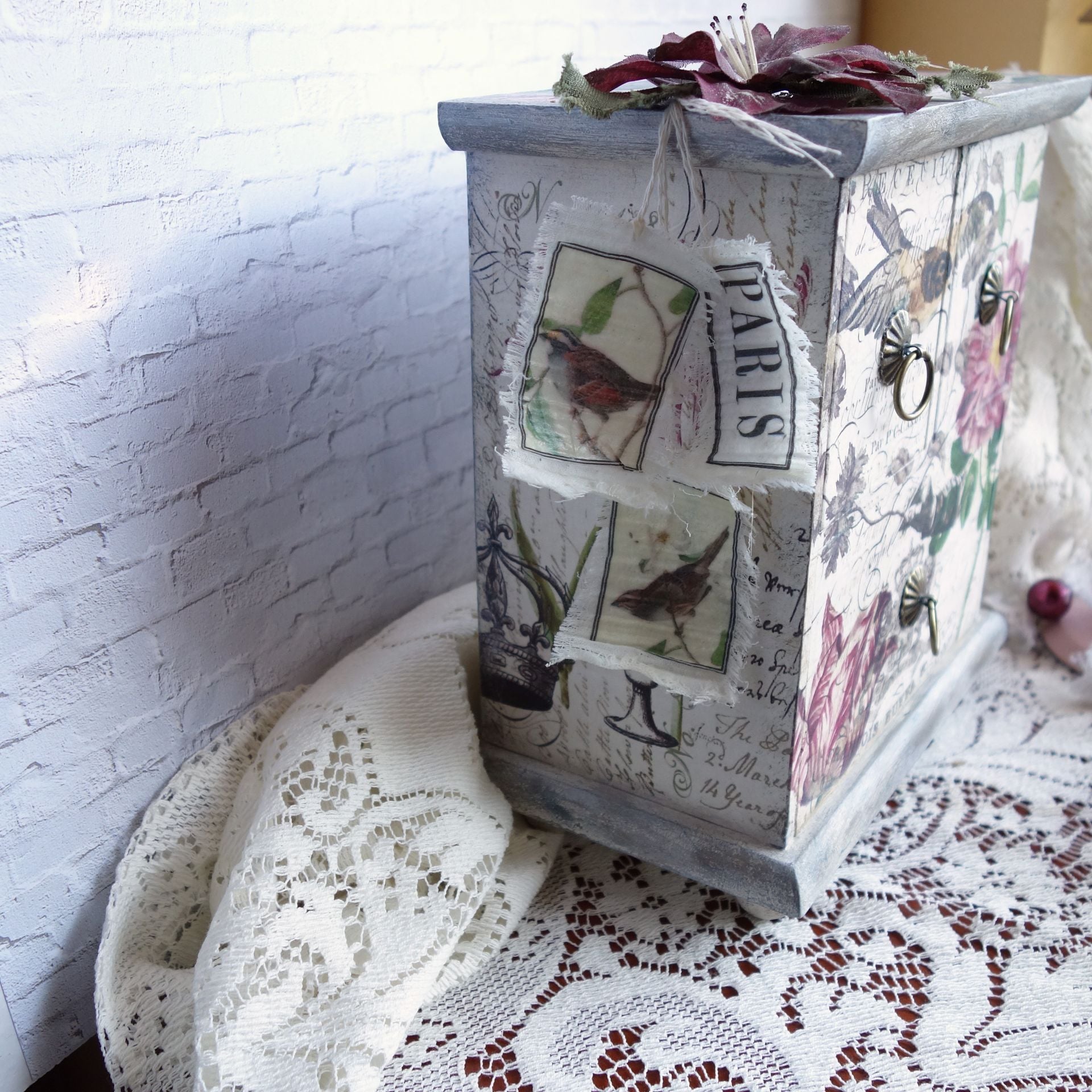 Custom Decorative Keepsake Box Tea Box Vanity Organizer Jewelry Armoire Vintage Bird Decor 5 