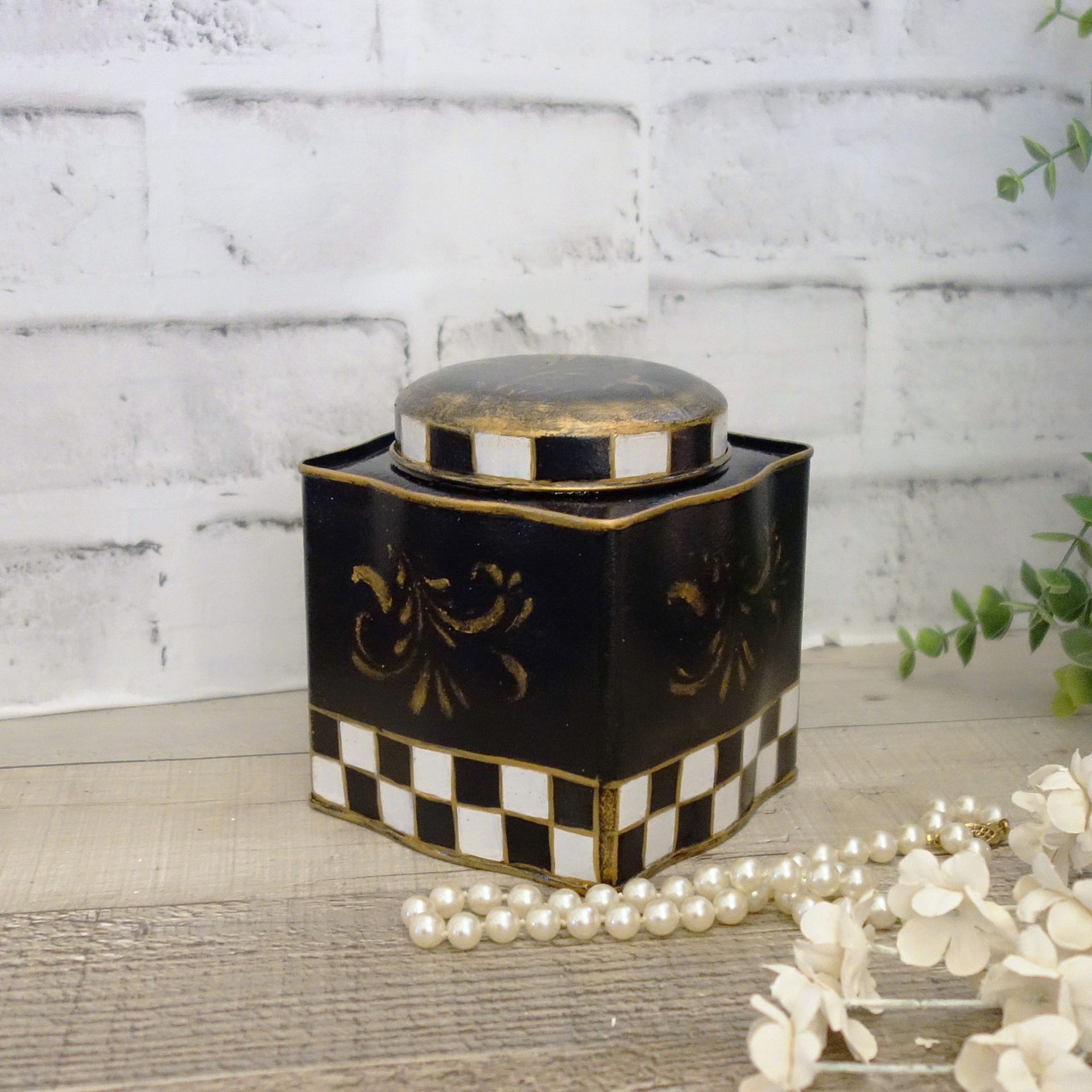 Courtly Vanity Storage Checked Cotton Ball Jar Checked Tea Tin 3 