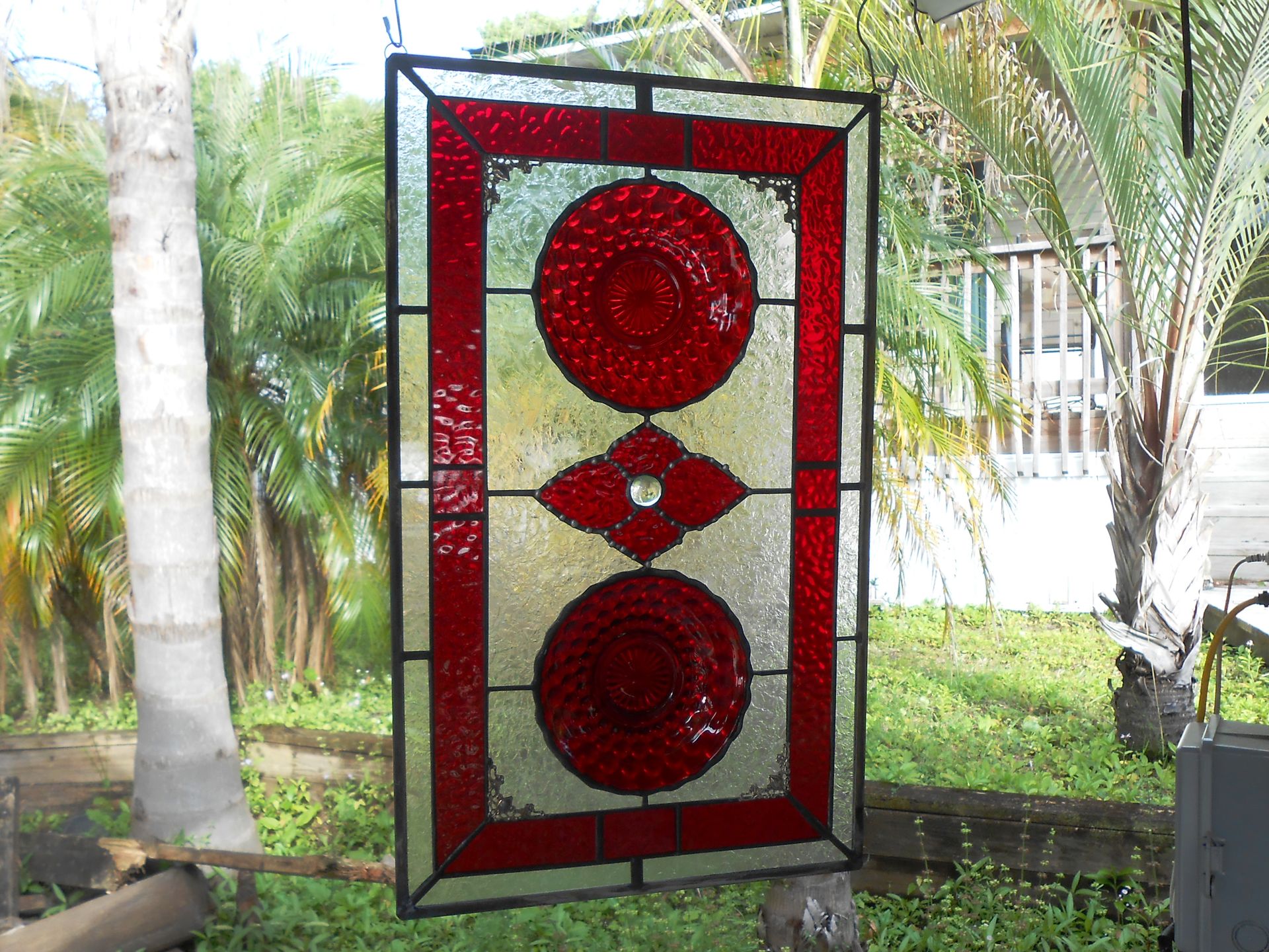 Stained Glass Window Panel, Depression Glass Plate Valance, Ruby Red Bubble 6 