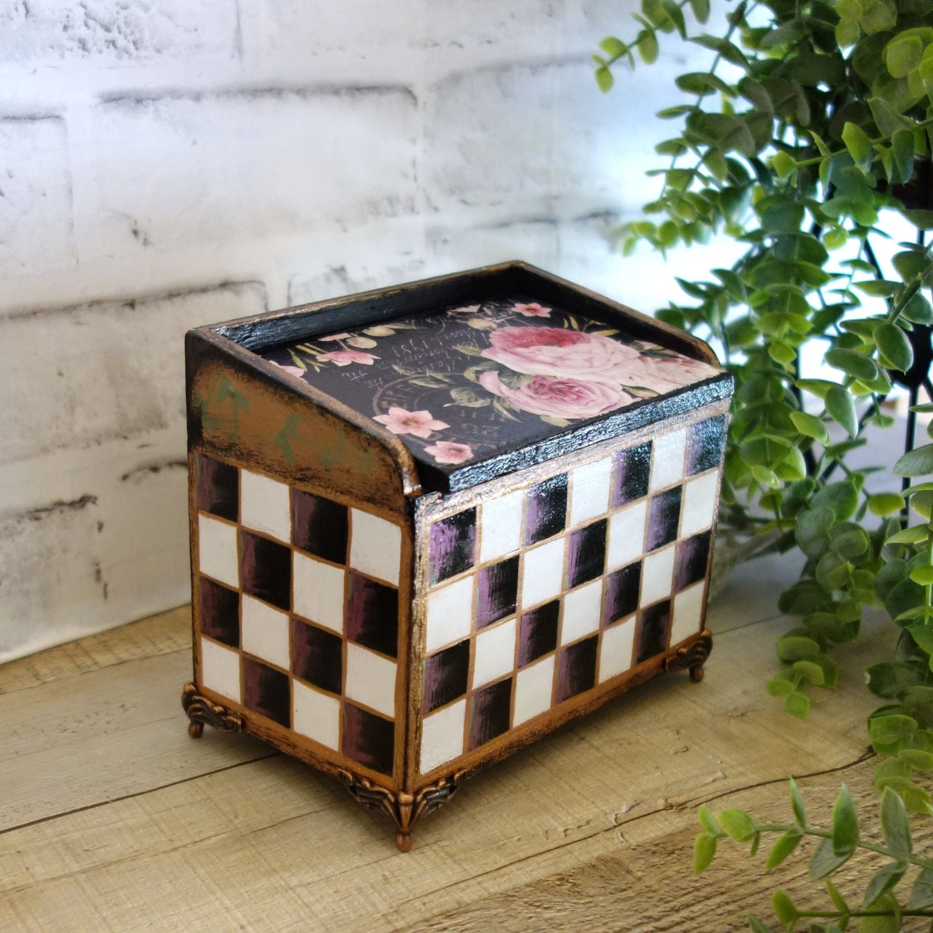 Hand Painted Whimsy Checks Pink Rose Decor Keepsake Box 3 