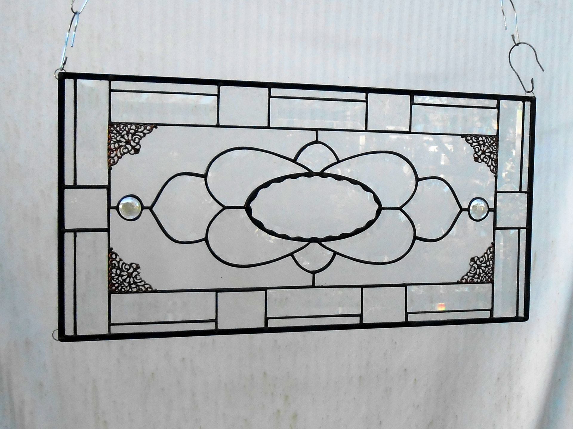 Vintage Look Traditional Stained Glass Transom Window, Tiara Sandwich Glass Plate Panel 11 
