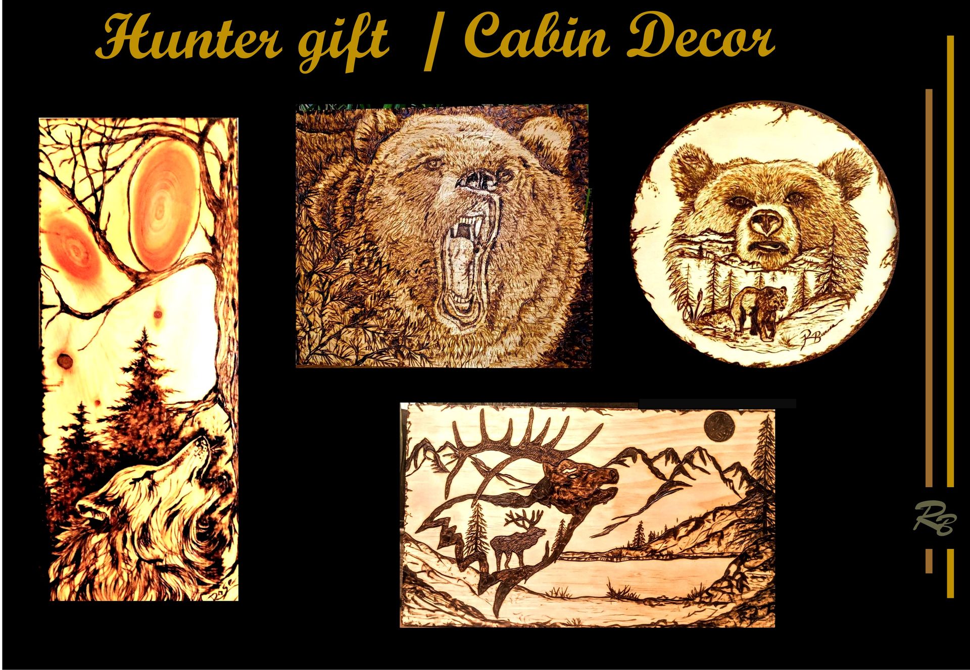 Bear, Wolf, Elk, Art, Hunter Gift, Man Cave, Cabin Decor, Men, Gift 1