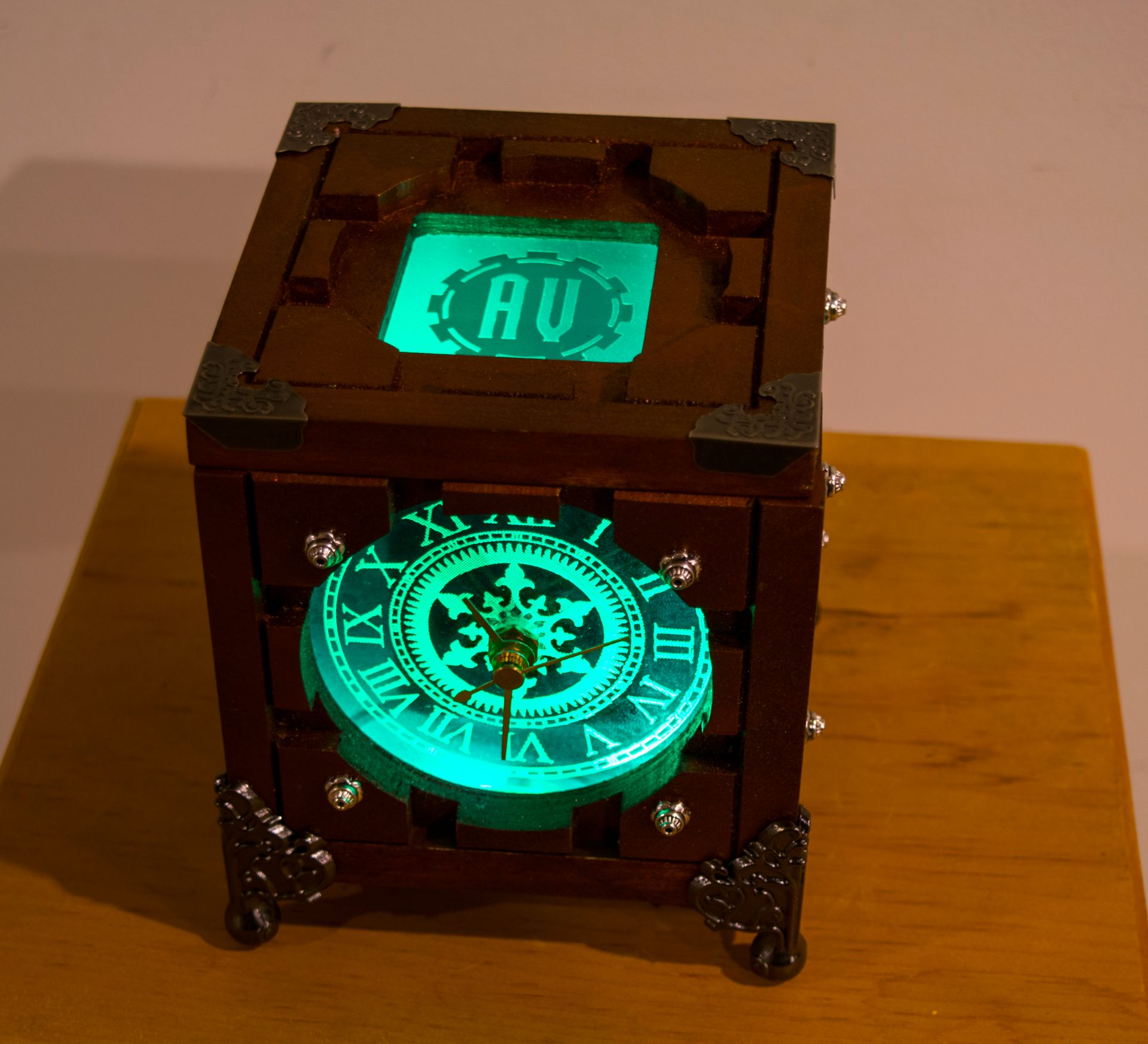 Customized Lighted Wood Steampunk Box Portal Cube Clock